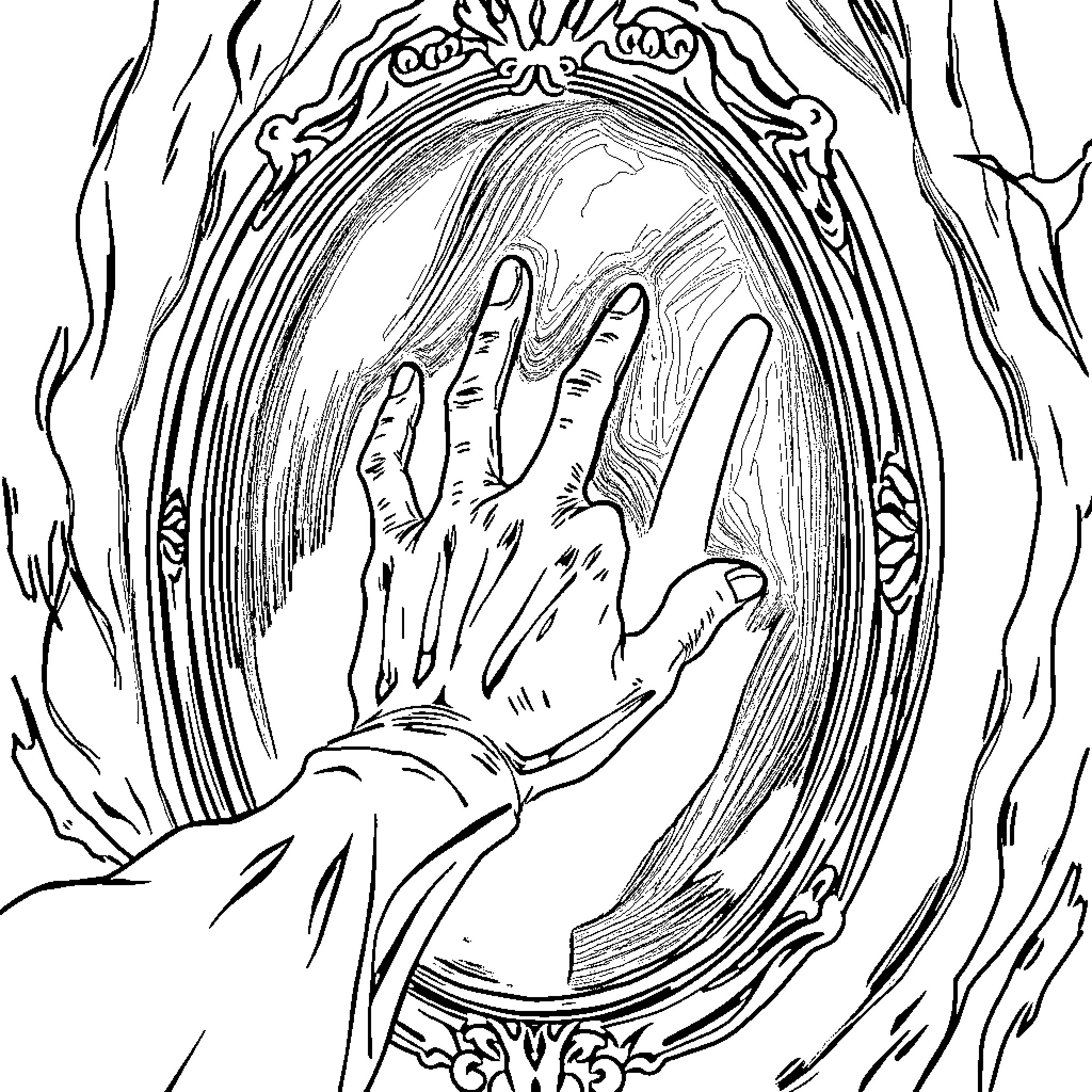 Mirror of Distorted Reflections Coloring Page (free black-and-white line drawing printable PDF for all, from beginners to advanced learners, including children, teens, adults, and seniors)