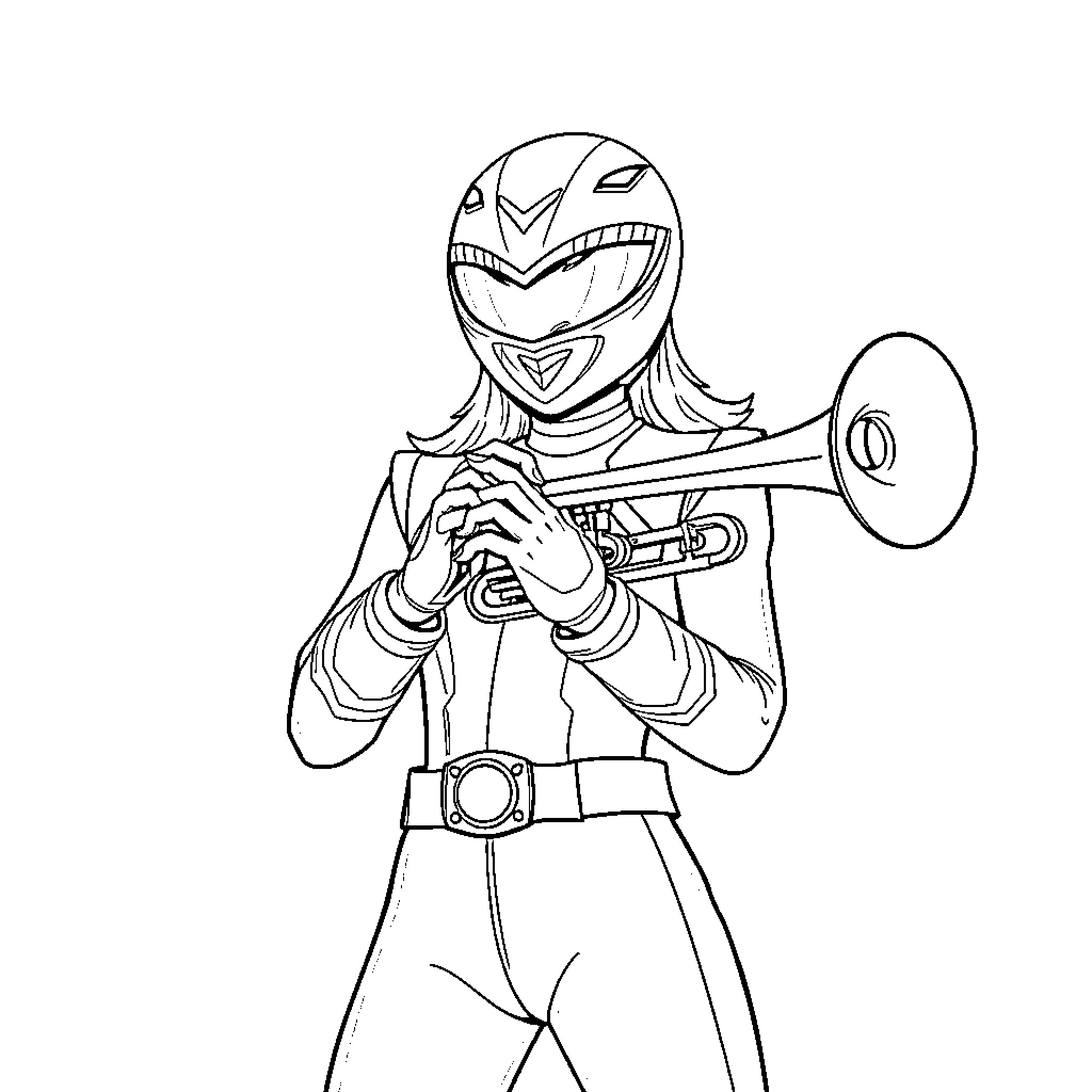Power Ranger Plays Heroic Trumpet in Uniform Coloring Page (free black-and-white line drawing printable PDF for all, from beginners to advanced learners, including children, teens, adults, and seniors)