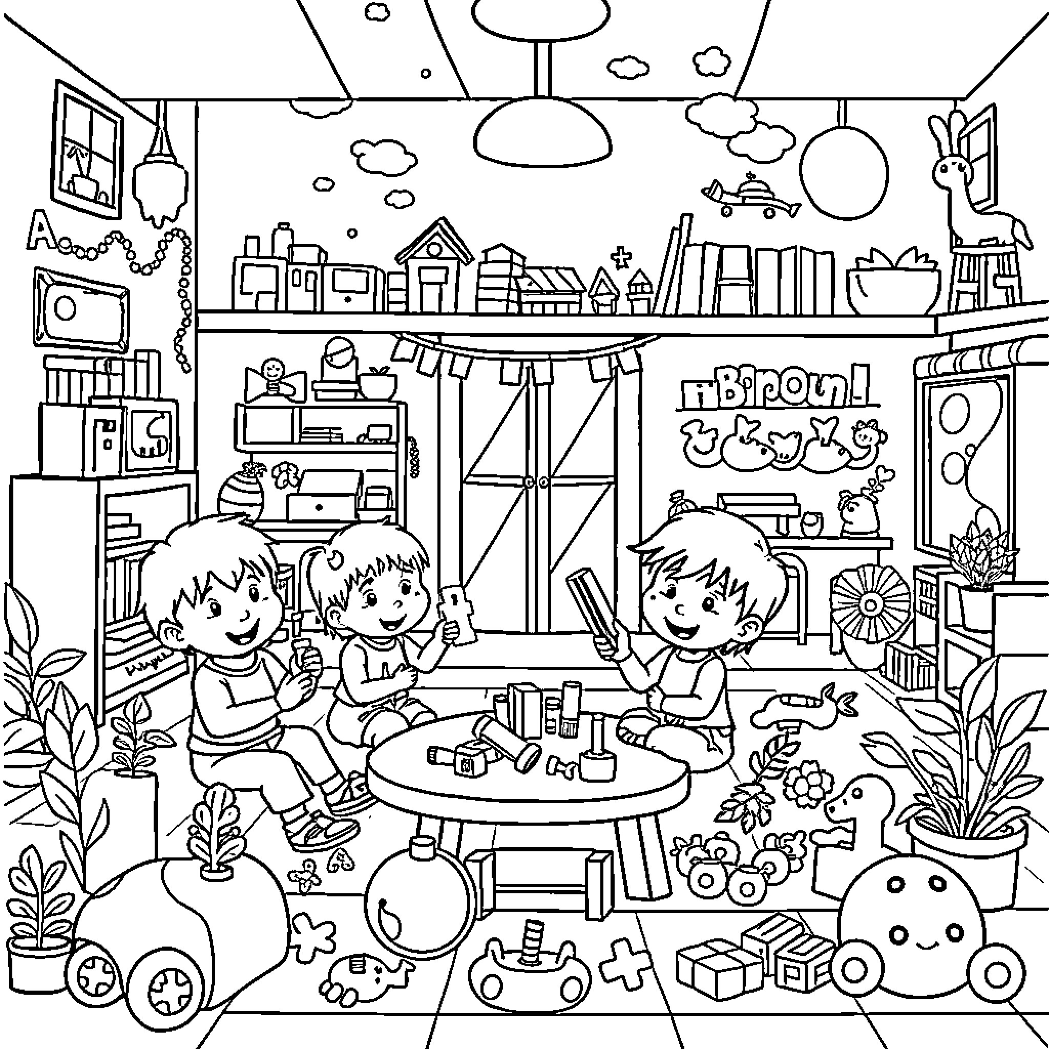 School Children Engaged in Collaborative Play Coloring Page (free black-and-white line drawing printable PDF for all, from beginners to advanced learners, including children, teens, adults, and seniors)