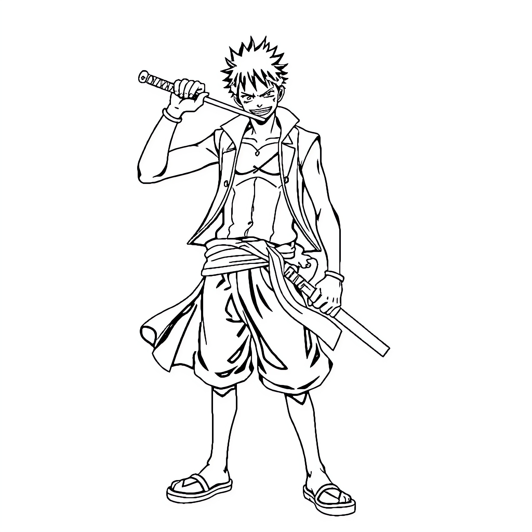 Zoro in action-packed adventure with sword Coloring Page (free black-and-white line drawing printable PDF for all, from beginners to advanced learners, including children, teens, adults, and seniors)