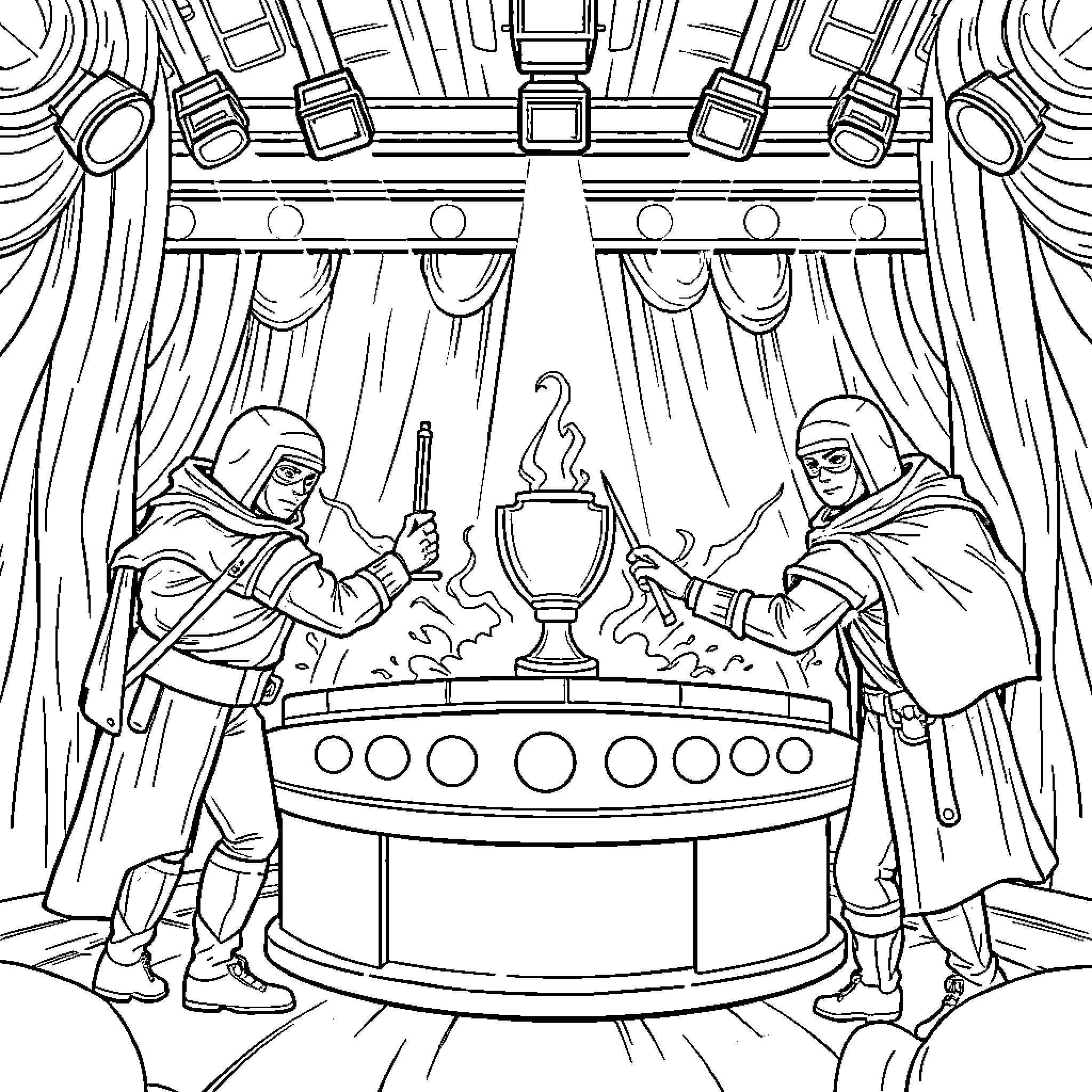 Squid Game Players Competing in Ceremonial Challenge Coloring Page (free black-and-white line drawing printable PDF for all, from beginners to advanced learners, including children, teens, adults, and seniors)