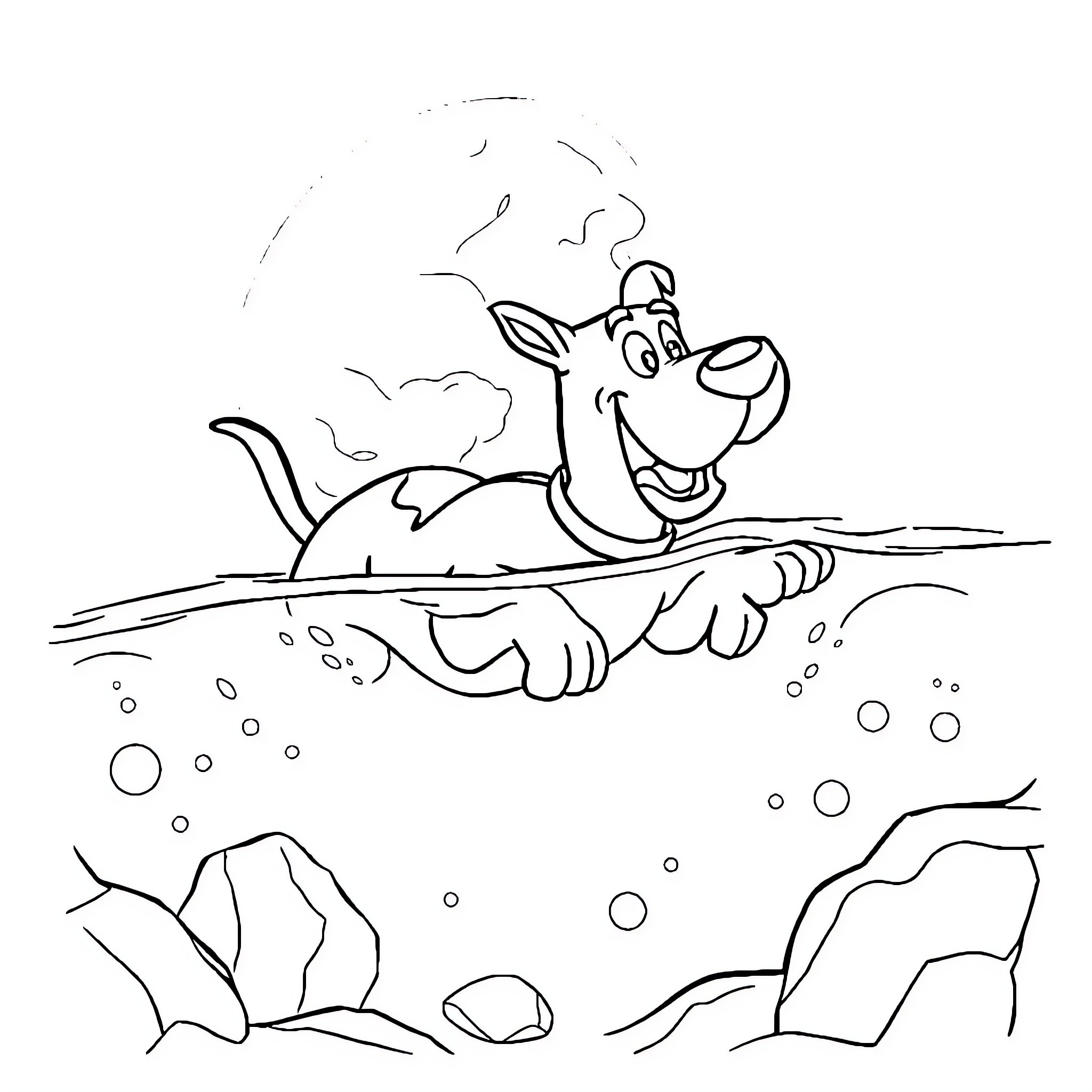 Scooby Doo enjoying a playful underwater adventure Coloring Page (free black-and-white line drawing printable PDF for all, from beginners to advanced learners, including children, teens, adults, and seniors)