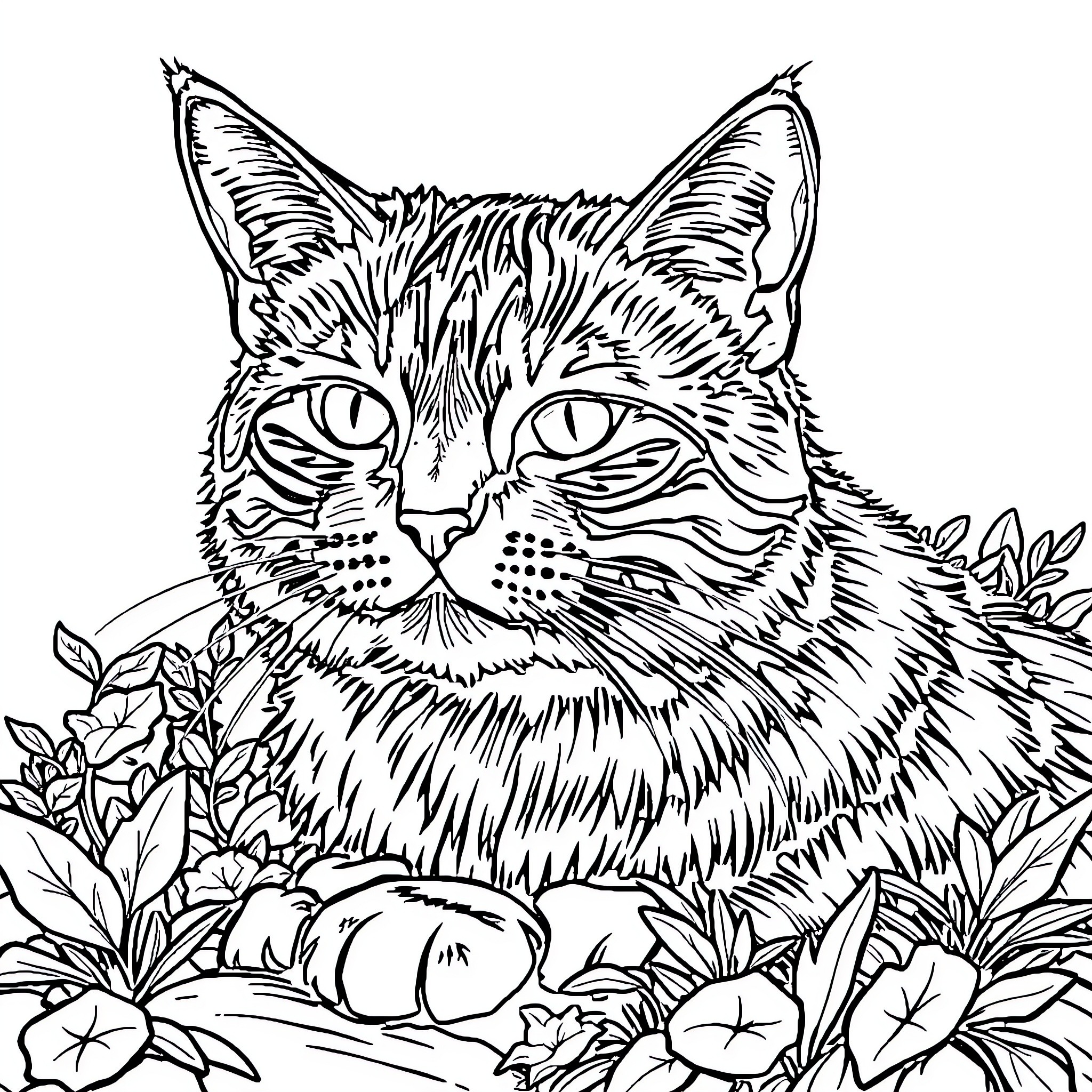 Cat surrounded by flowers in nature Coloring Page (free black-and-white line drawing printable PDF for all, from beginners to advanced learners, including children, teens, adults, and seniors)