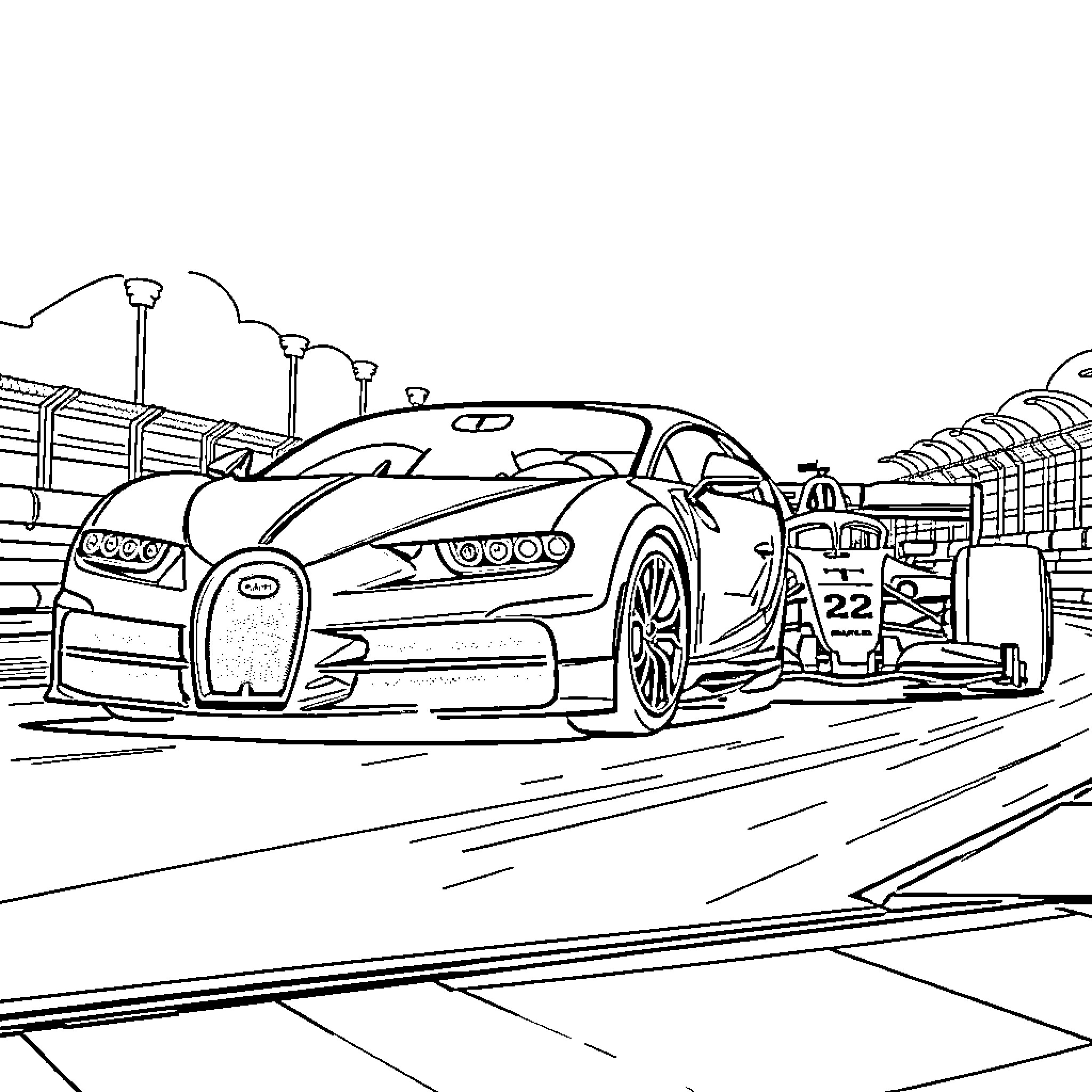 Car racing on the track with speed and excitement Coloring Page (free black-and-white line drawing printable PDF for all, from beginners to advanced learners, including children, teens, adults, and seniors)