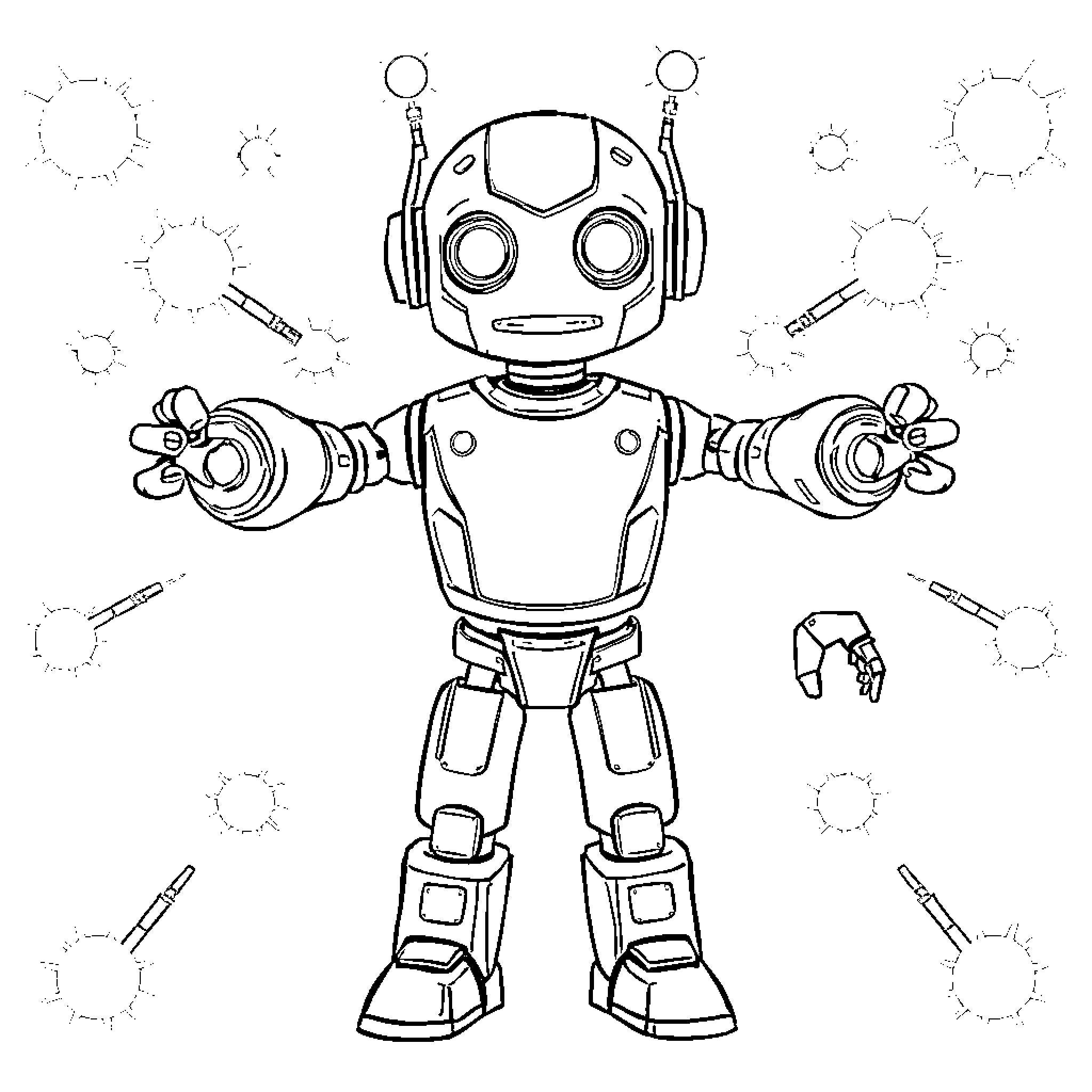 Robot with Mechanical Arms and Antennae Coloring Page (free black-and-white line drawing printable PDF for all, from beginners to advanced learners, including children, teens, adults, and seniors)