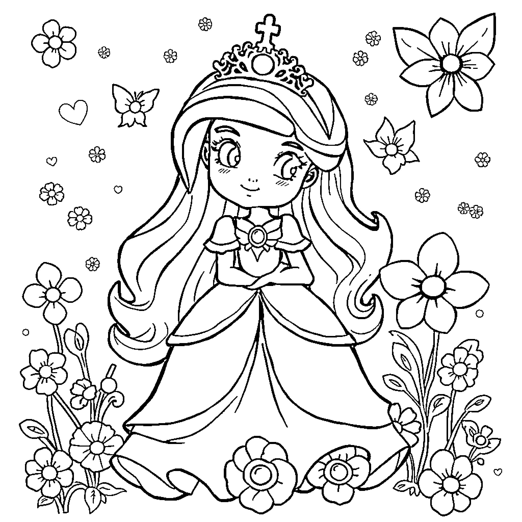 Princess in Flowery Garden Coloring Page (free black-and-white line drawing printable PDF for all, from beginners to advanced learners, including children, teens, adults, and seniors)