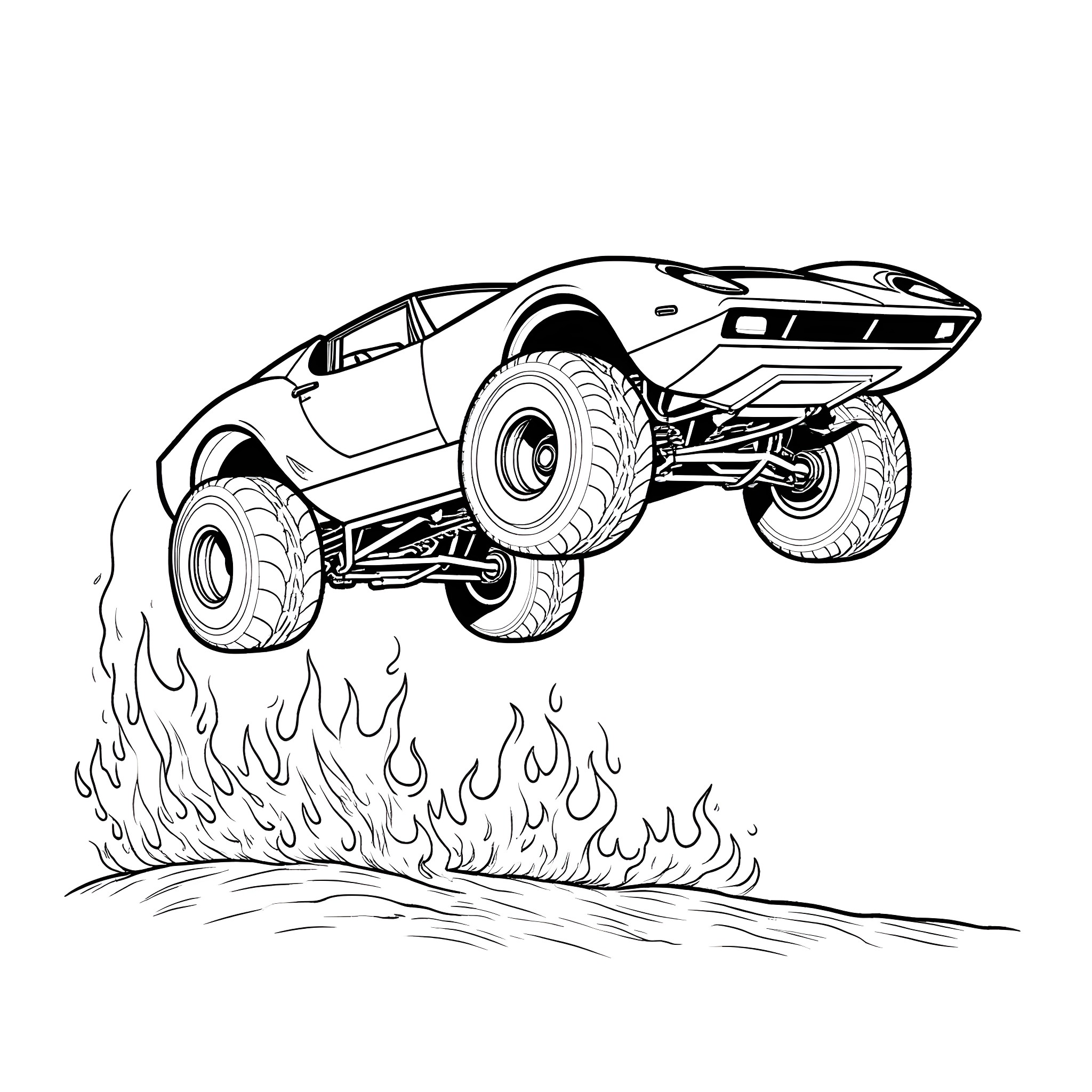 Monster Truck Jumping Over Flames Coloring Page (free black-and-white line drawing printable PDF for all, from beginners to advanced learners, including children, teens, adults, and seniors)