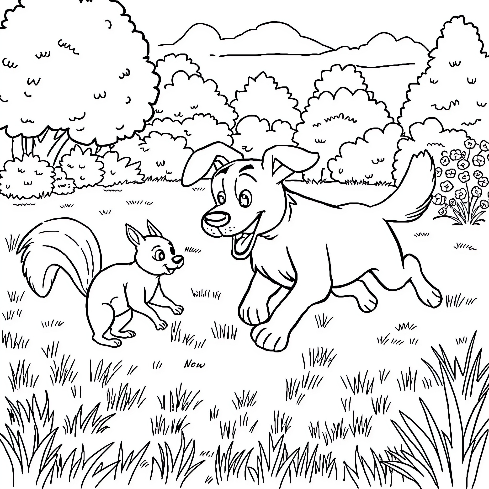 Dog and Squirrel Playing in the Forest Coloring Page (free black-and-white line drawing printable PDF for all, from beginners to advanced learners, including children, teens, adults, and seniors)