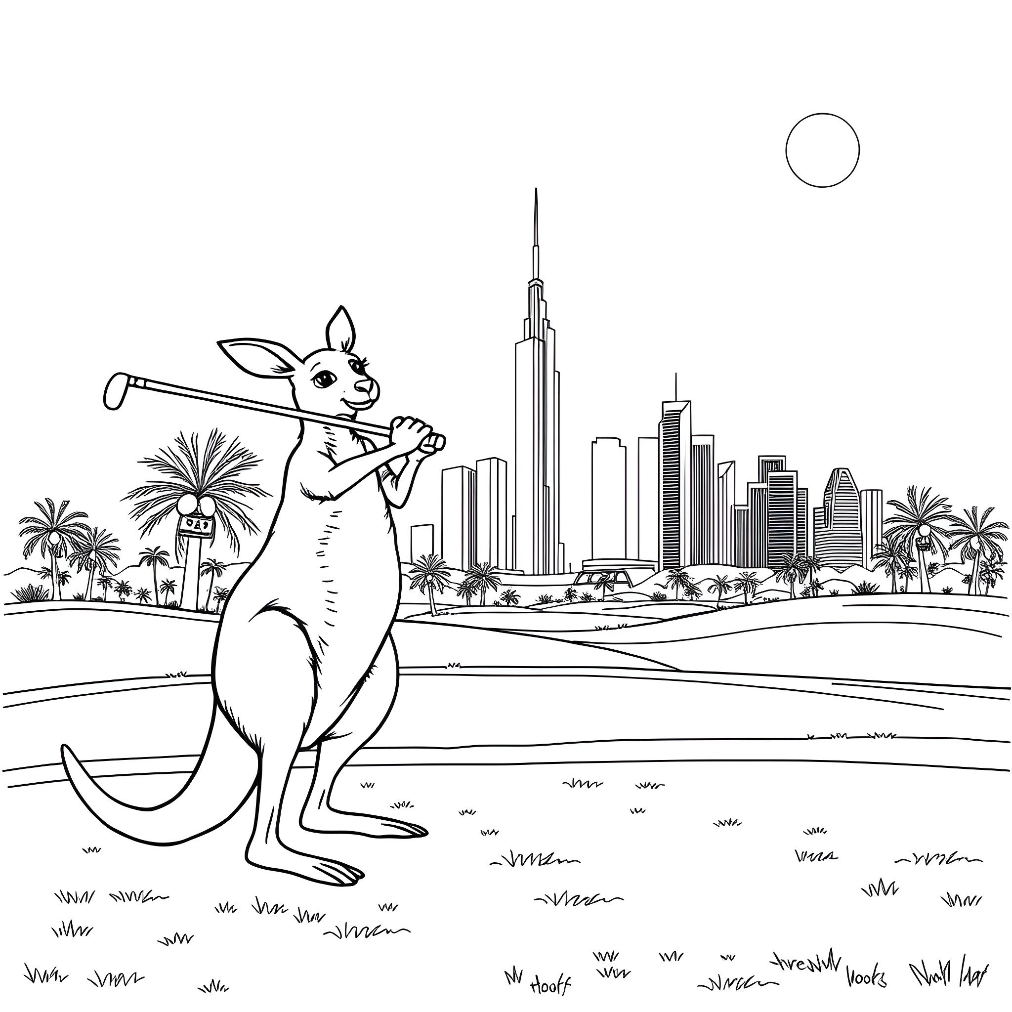 Kangaroo playing music in the city Coloring Page (free black-and-white line drawing printable PDF for all, from beginners to advanced learners, including children, teens, adults, and seniors)