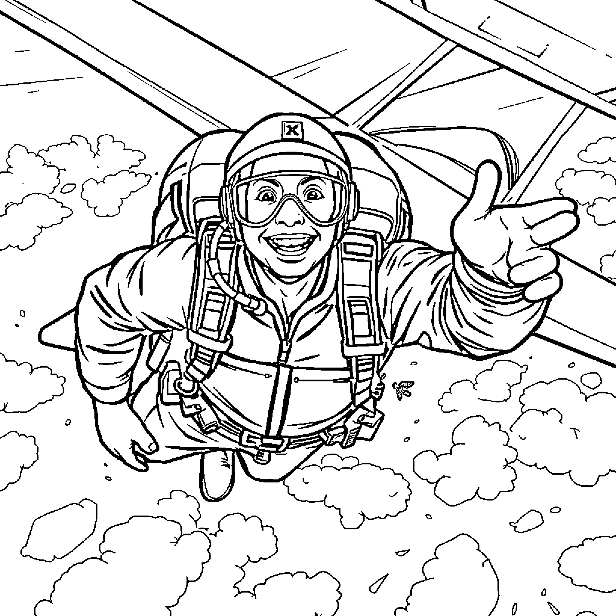 Eye Doctor Skydiving with Joy in the Clouds Coloring Page (free black-and-white line drawing printable PDF for all, from beginners to advanced learners, including children, teens, adults, and seniors)