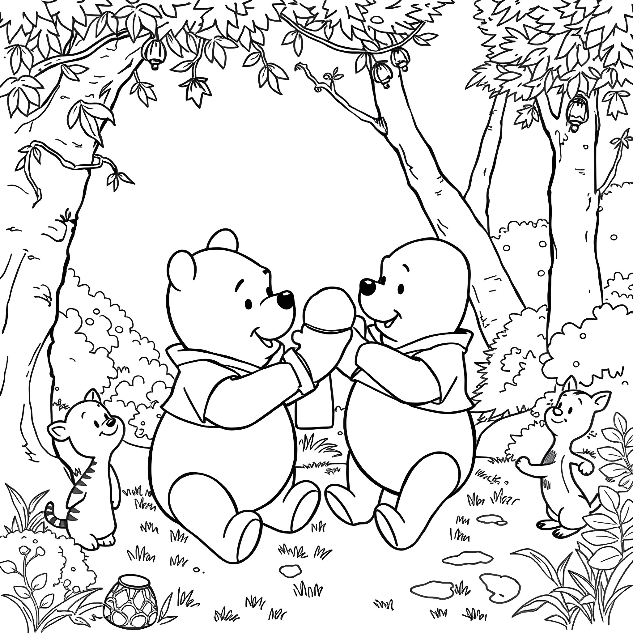Winnie The Pooh and friends exploring the forest Coloring Page (free black-and-white line drawing printable PDF for all, from beginners to advanced learners, including children, teens, adults, and seniors)