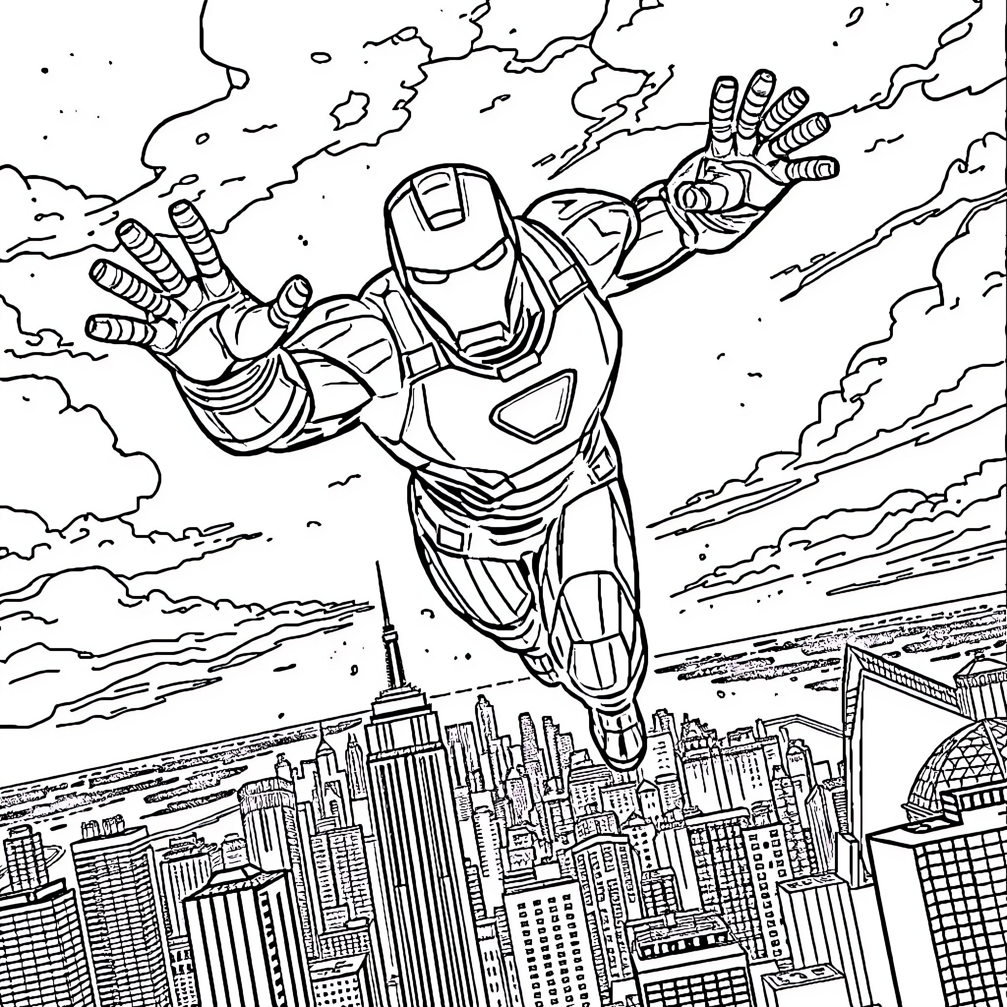 Ironman soaring over a city skyline Coloring Page (free black-and-white line drawing printable PDF for all, from beginners to advanced learners, including children, teens, adults, and seniors)