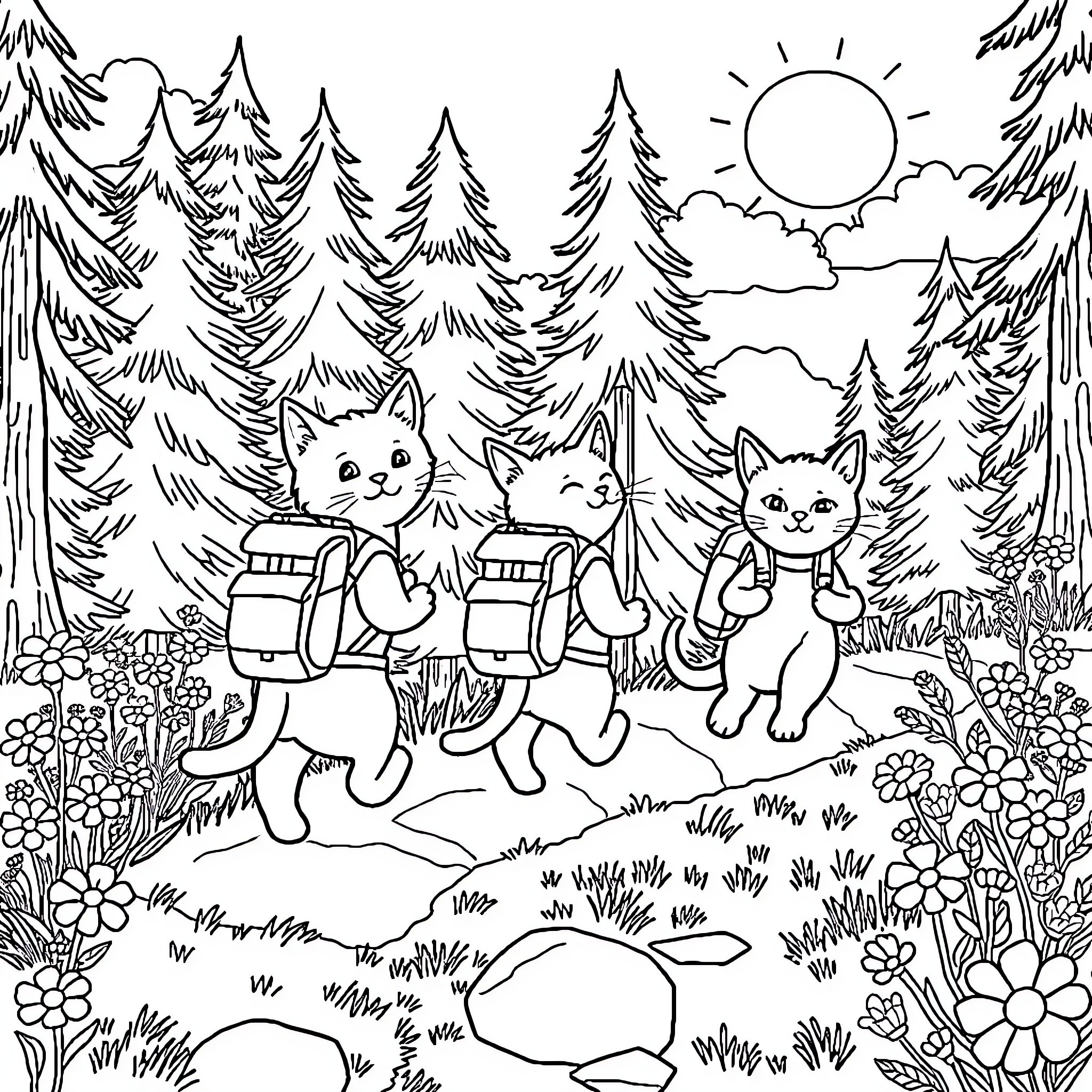 Cat Hikers Exploring the Scenic Forest Coloring Page (free black-and-white line drawing printable PDF for all, from beginners to advanced learners, including children, teens, adults, and seniors)