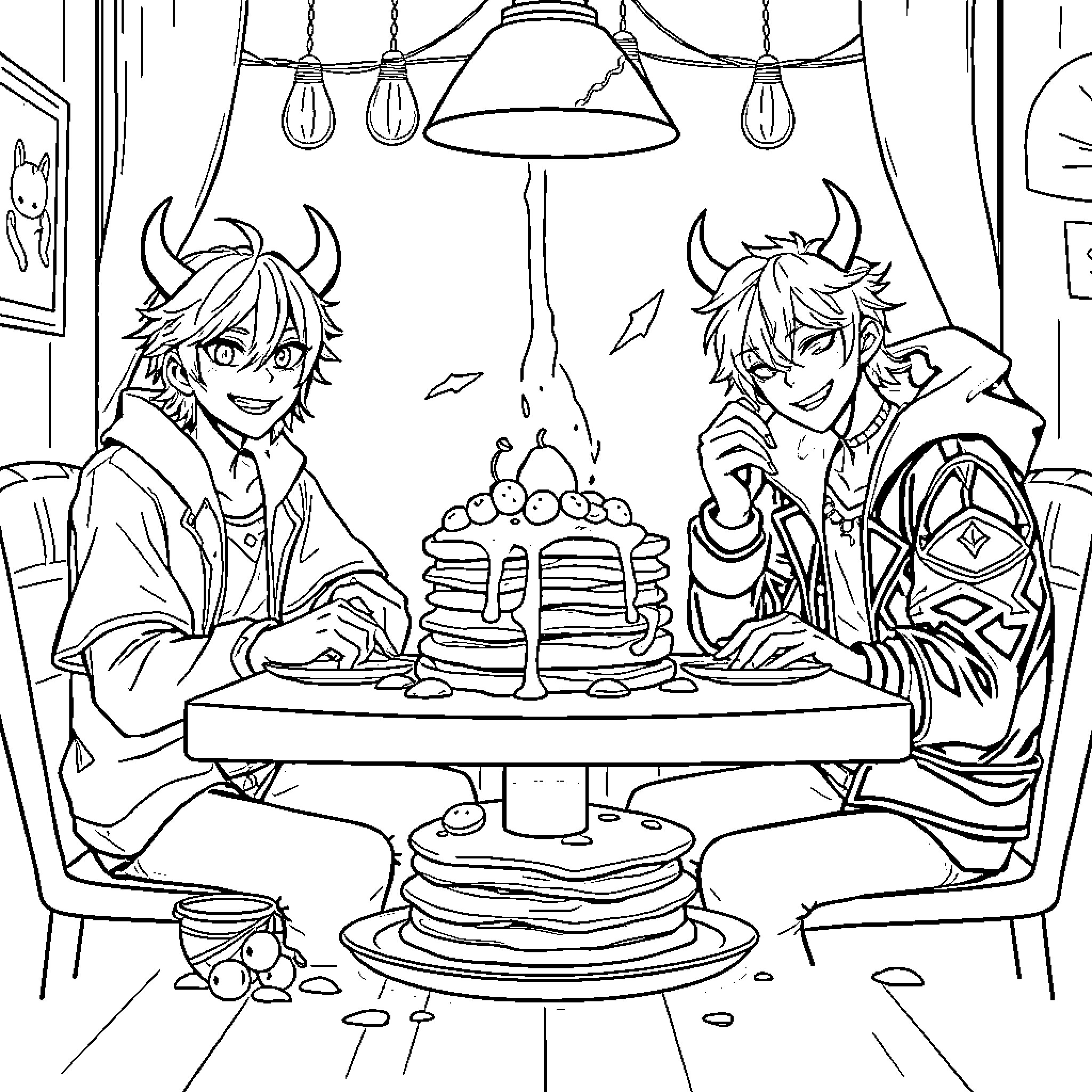 Kpop Demon Hunters Celebrate with Pancakes Coloring Page (free black-and-white line drawing printable PDF for all, from beginners to advanced learners, including children, teens, adults, and seniors)