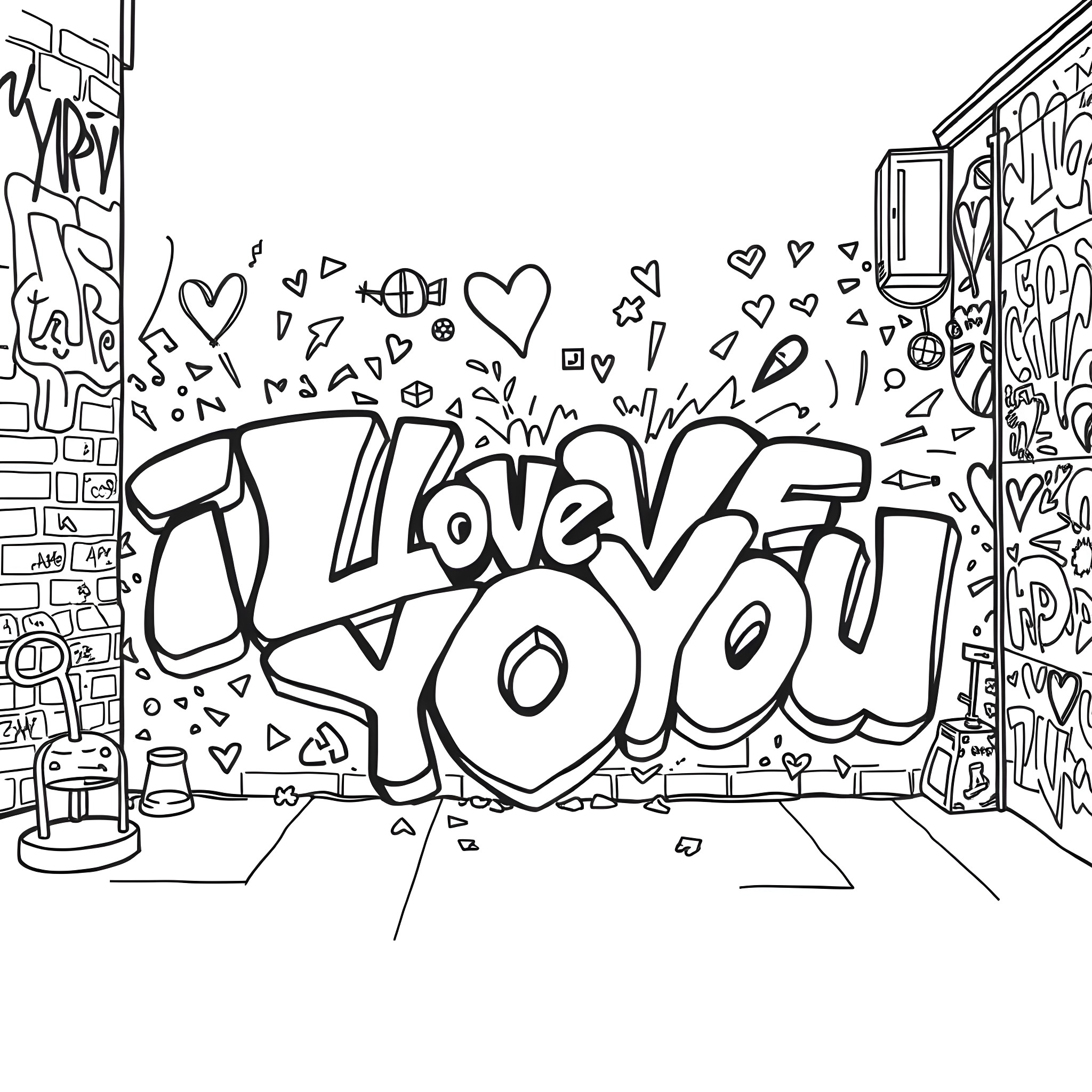 Graffiti of love expression with hearts and symbols Coloring Page (free black-and-white line drawing printable PDF for all, from beginners to advanced learners, including children, teens, adults, and seniors)