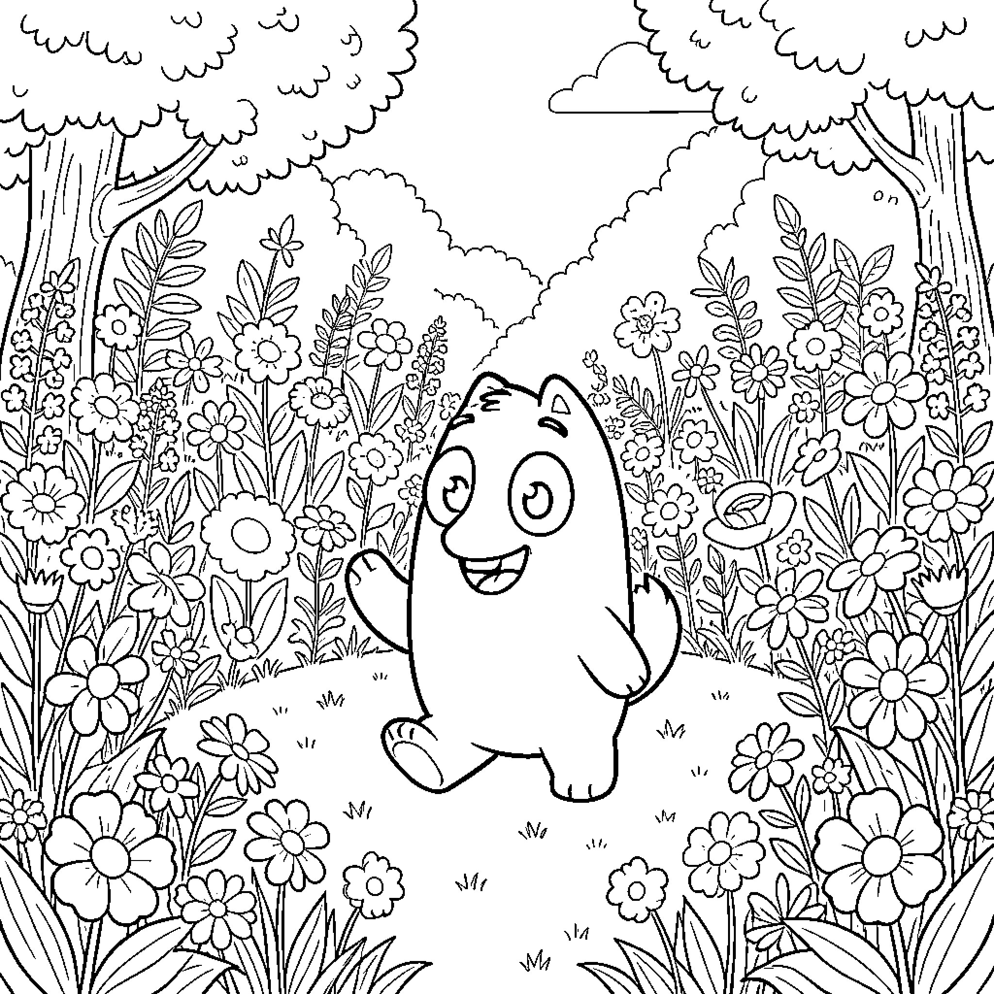 Bluey exploring the vibrant floral meadow Coloring Page (free black-and-white line drawing printable PDF for all, from beginners to advanced learners, including children, teens, adults, and seniors)