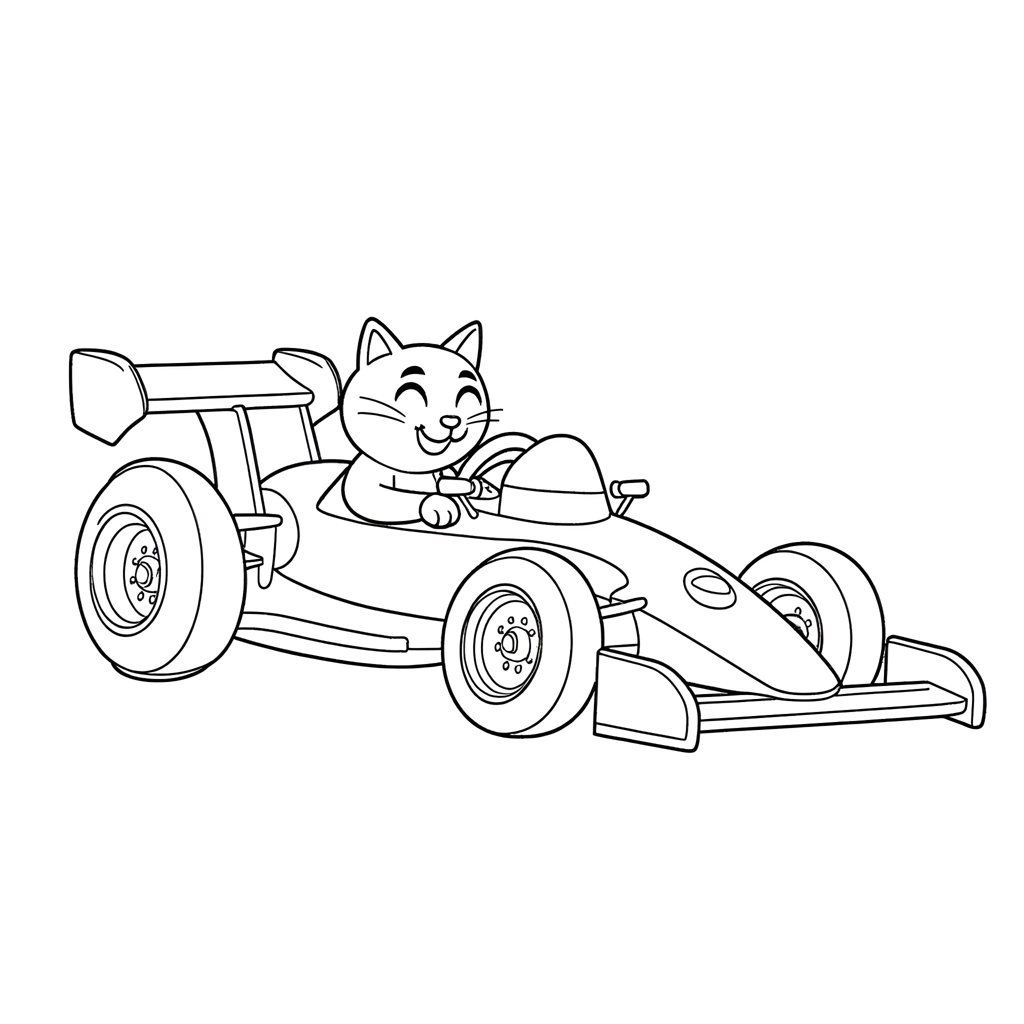 Cat driving a racing car Coloring Page (free black-and-white line drawing printable PDF for all, from beginners to advanced learners, including children, teens, adults, and seniors)