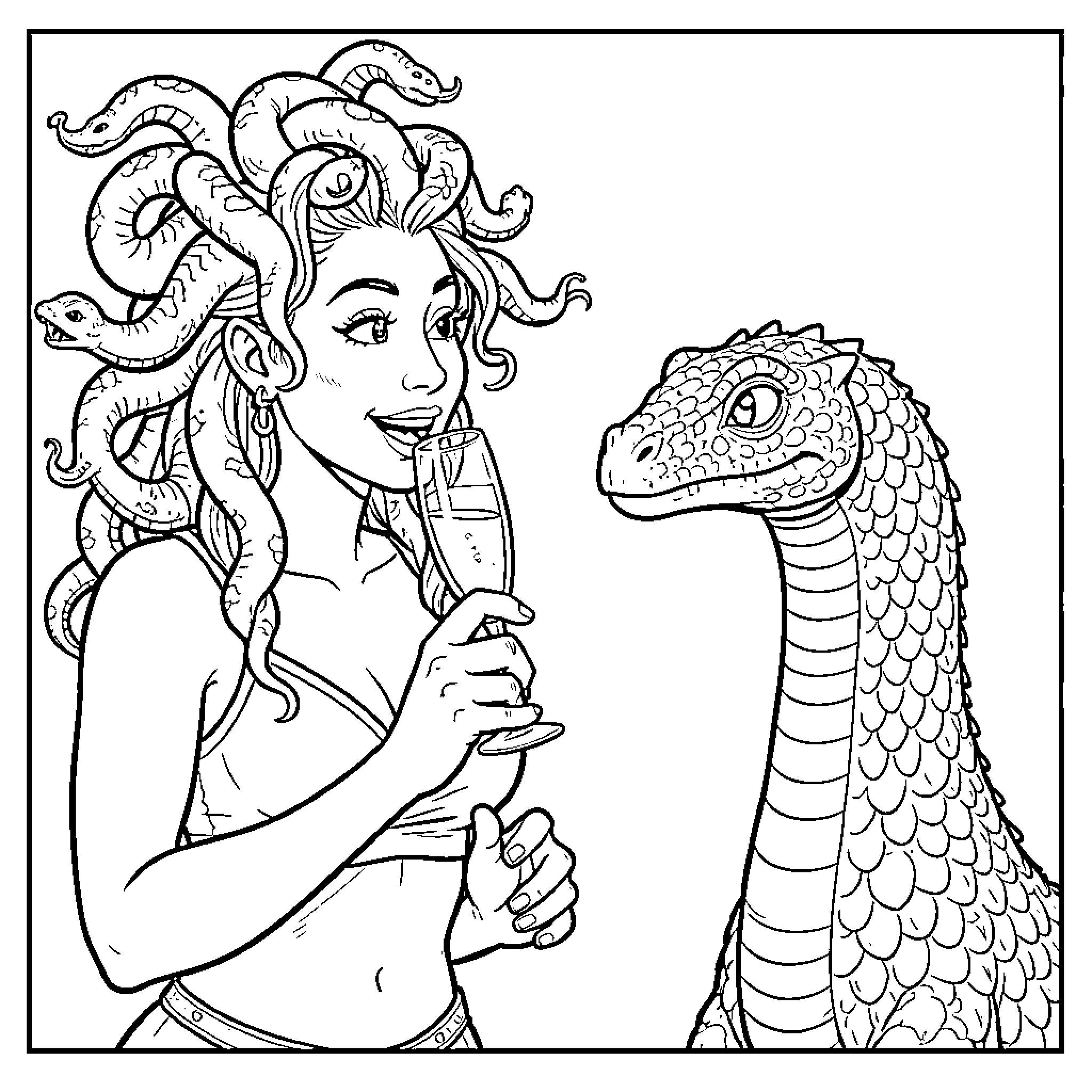 Gorgon smiling while holding a drink near a dragon Coloring Page (free black-and-white line drawing printable PDF for all, from beginners to advanced learners, including children, teens, adults, and seniors)