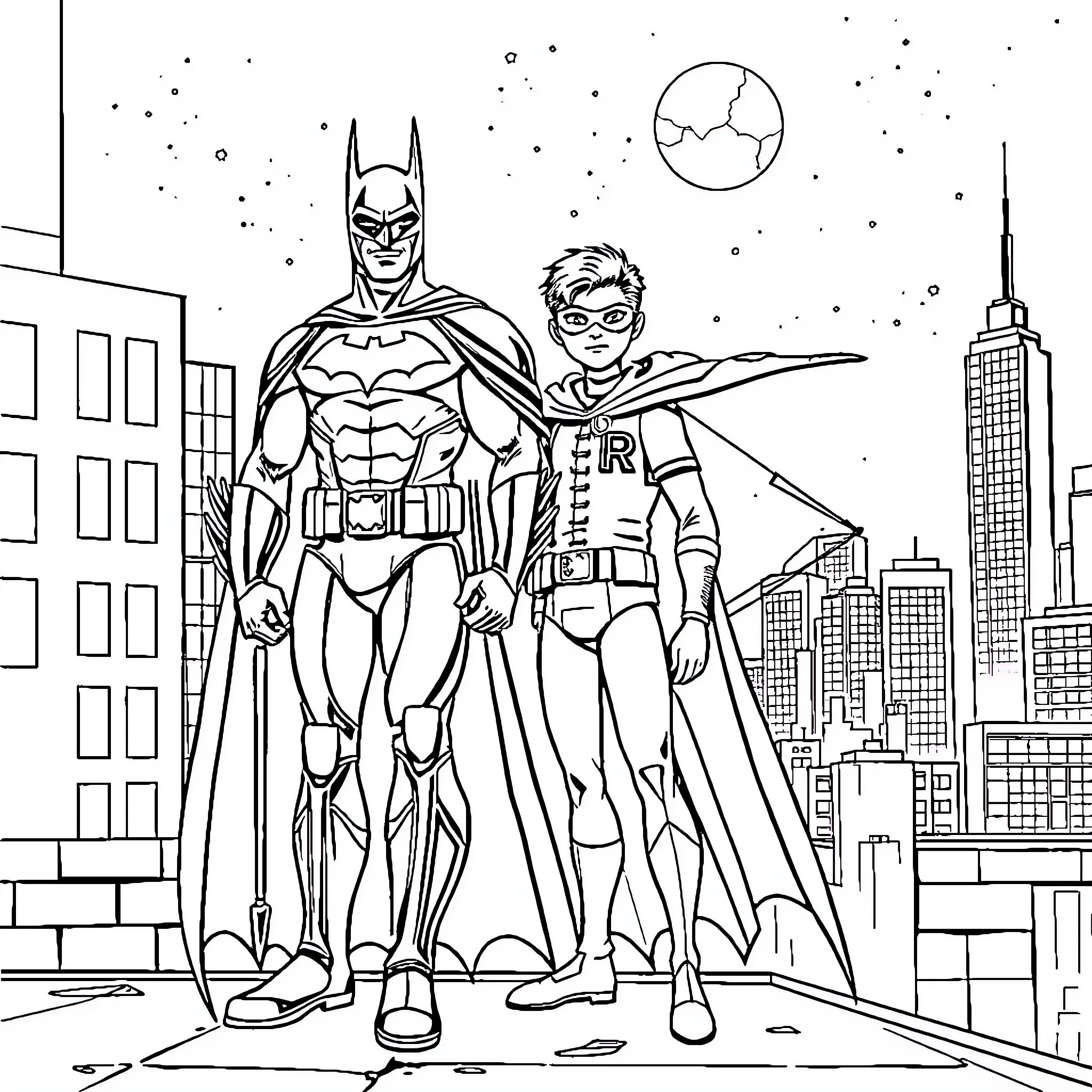 Batman and sidekick protecting the city at night Coloring Page (free black-and-white line drawing printable PDF for all, from beginners to advanced learners, including children, teens, adults, and seniors)