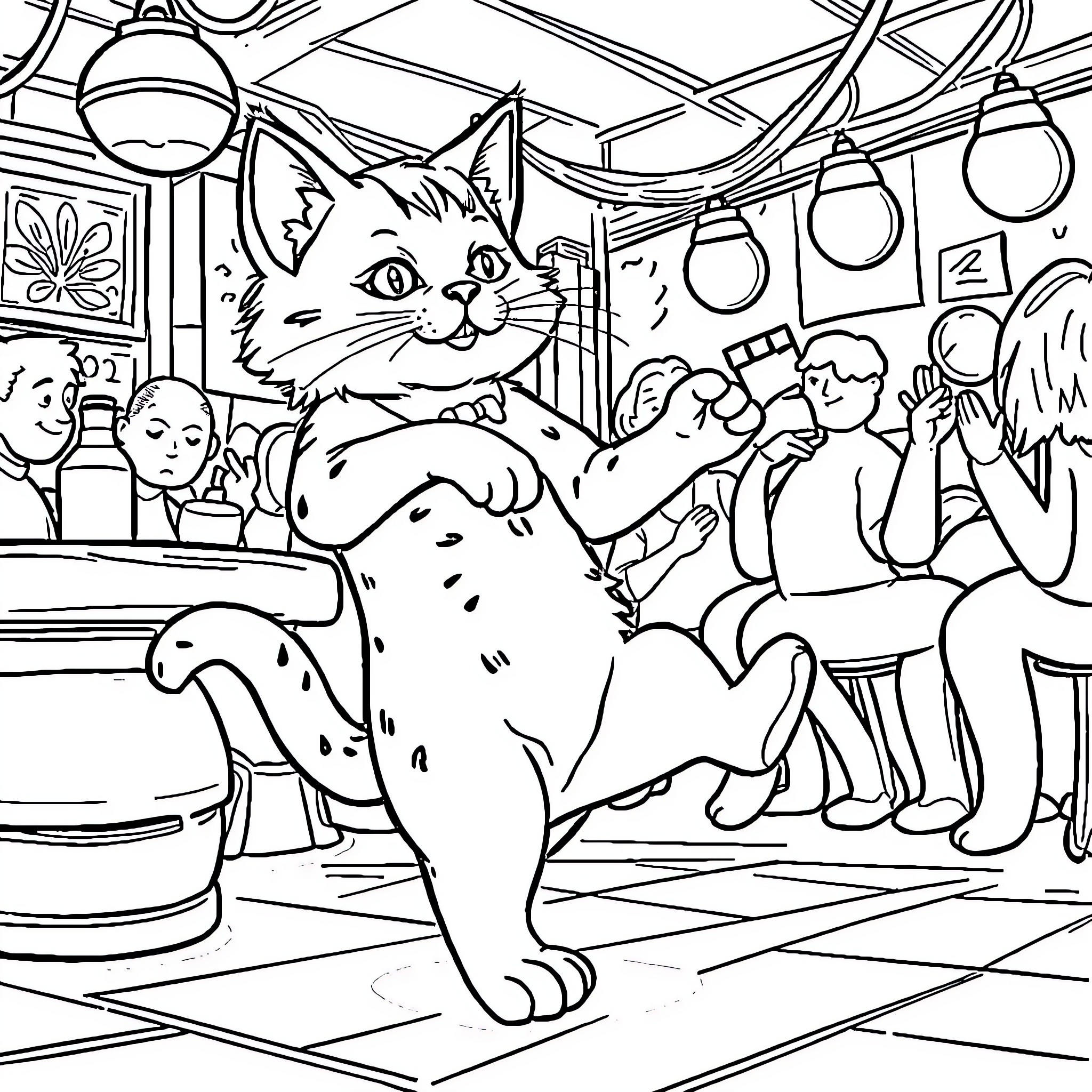 Gato entertaining guests at a lively party Coloring Page (free black-and-white line drawing printable PDF for all, from beginners to advanced learners, including children, teens, adults, and seniors)