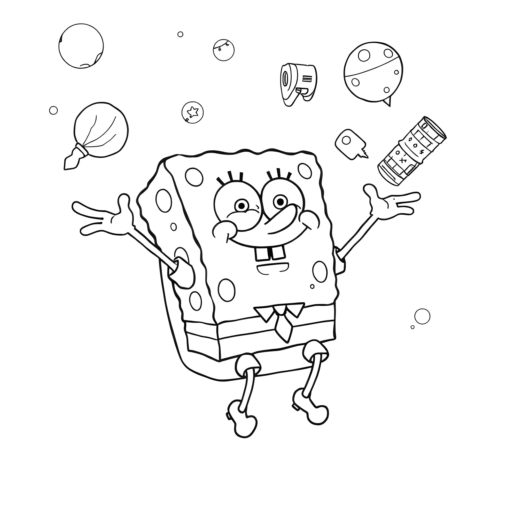 Spongebob having fun with bubbles and accessories Coloring Page (free black-and-white line drawing printable PDF for all, from beginners to advanced learners, including children, teens, adults, and seniors)