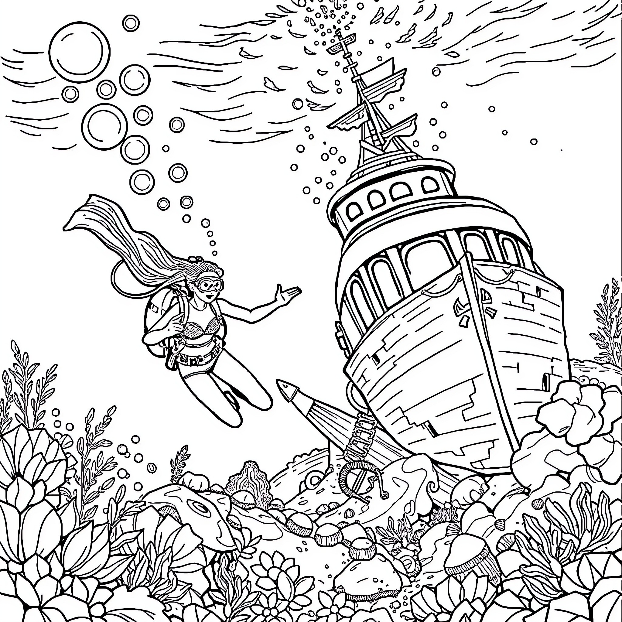 Scuba Diver Exploring Underwater Shipwreck Adventure Coloring Page (free black-and-white line drawing printable PDF for all, from beginners to advanced learners, including children, teens, adults, and seniors)