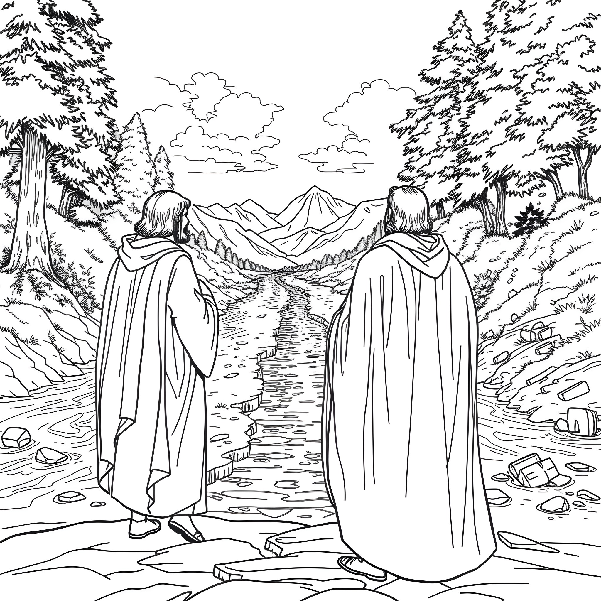 Elijah and companion walking down the mountain path Coloring Page (free black-and-white line drawing printable PDF for all, from beginners to advanced learners, including children, teens, adults, and seniors)