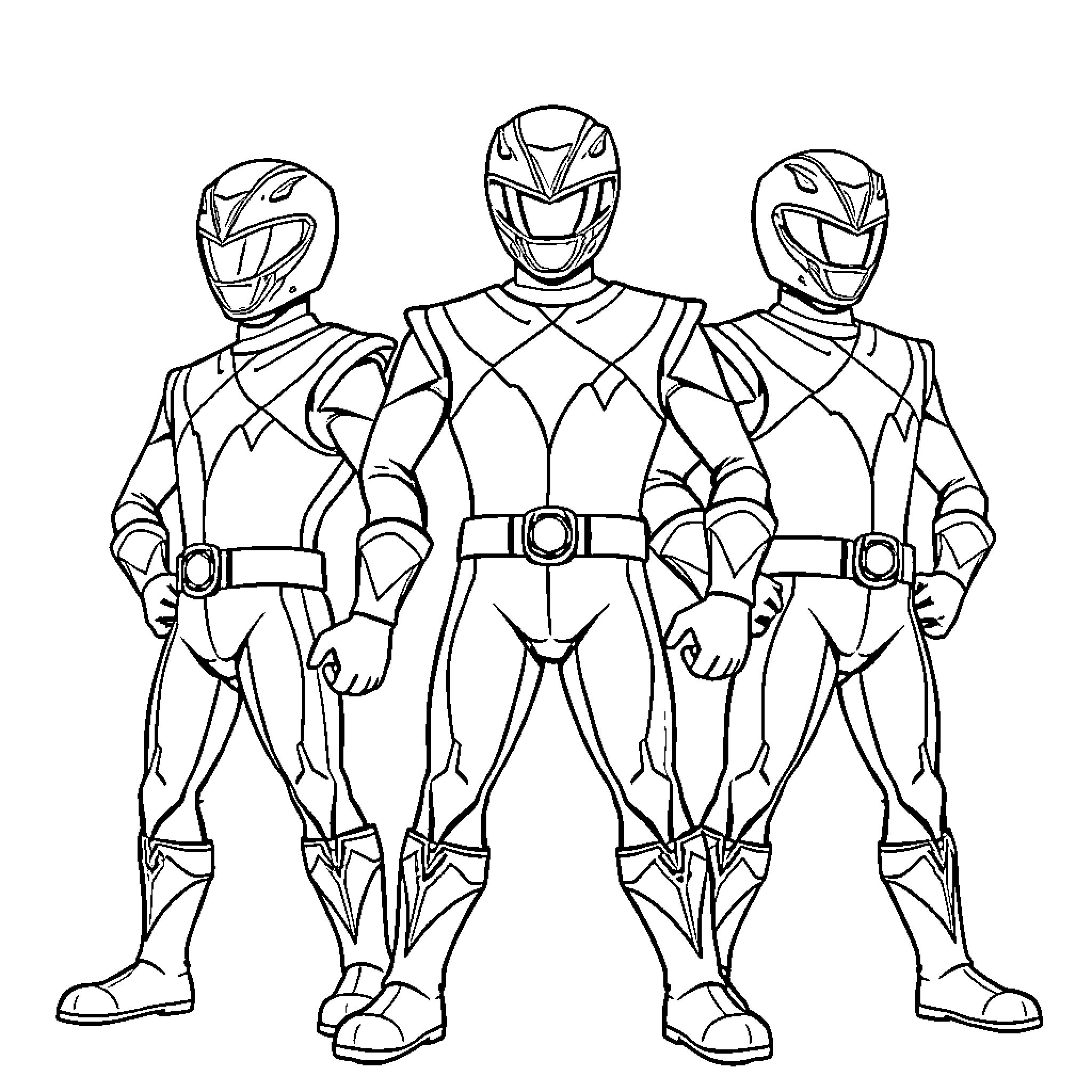 Power Ranger Team Posing Together Coloring Page (free black-and-white line drawing printable PDF for all, from beginners to advanced learners, including children, teens, adults, and seniors)