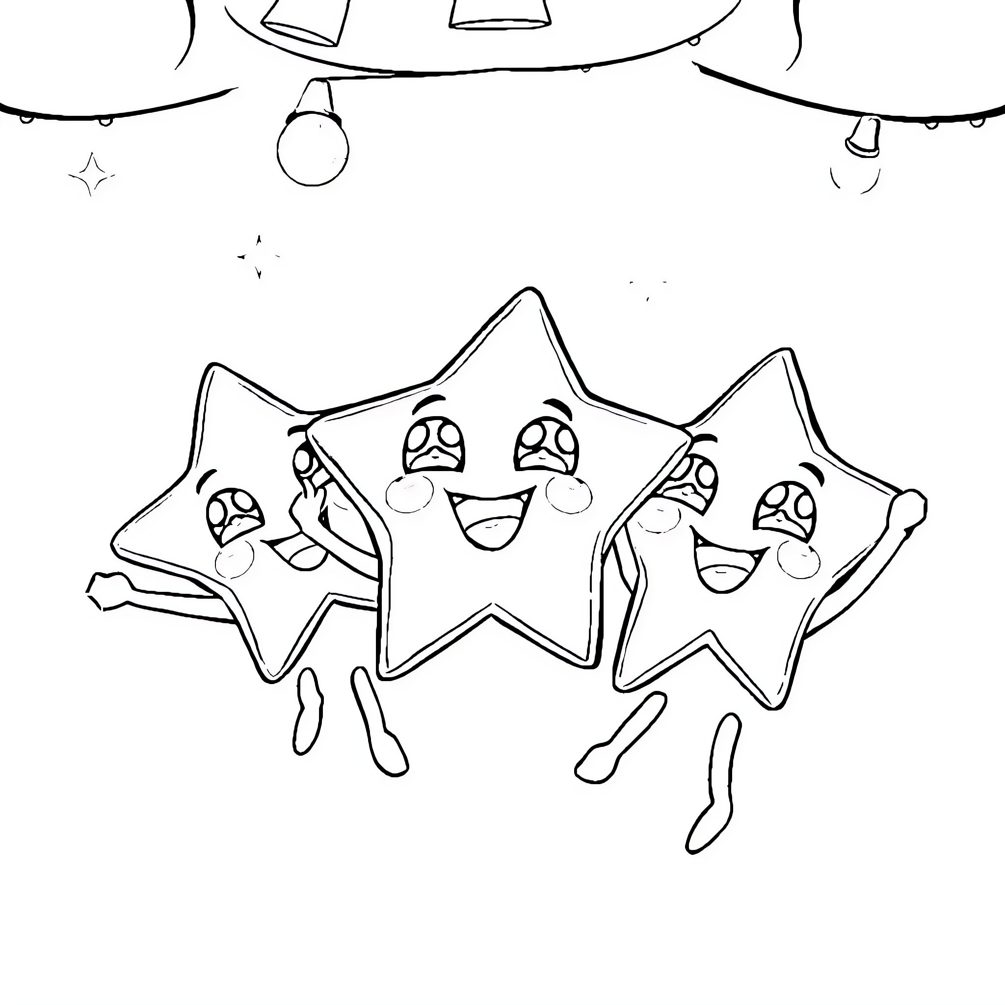 Star characters having fun in the scene Coloring Page (free black-and-white line drawing printable PDF for all, from beginners to advanced learners, including children, teens, adults, and seniors)