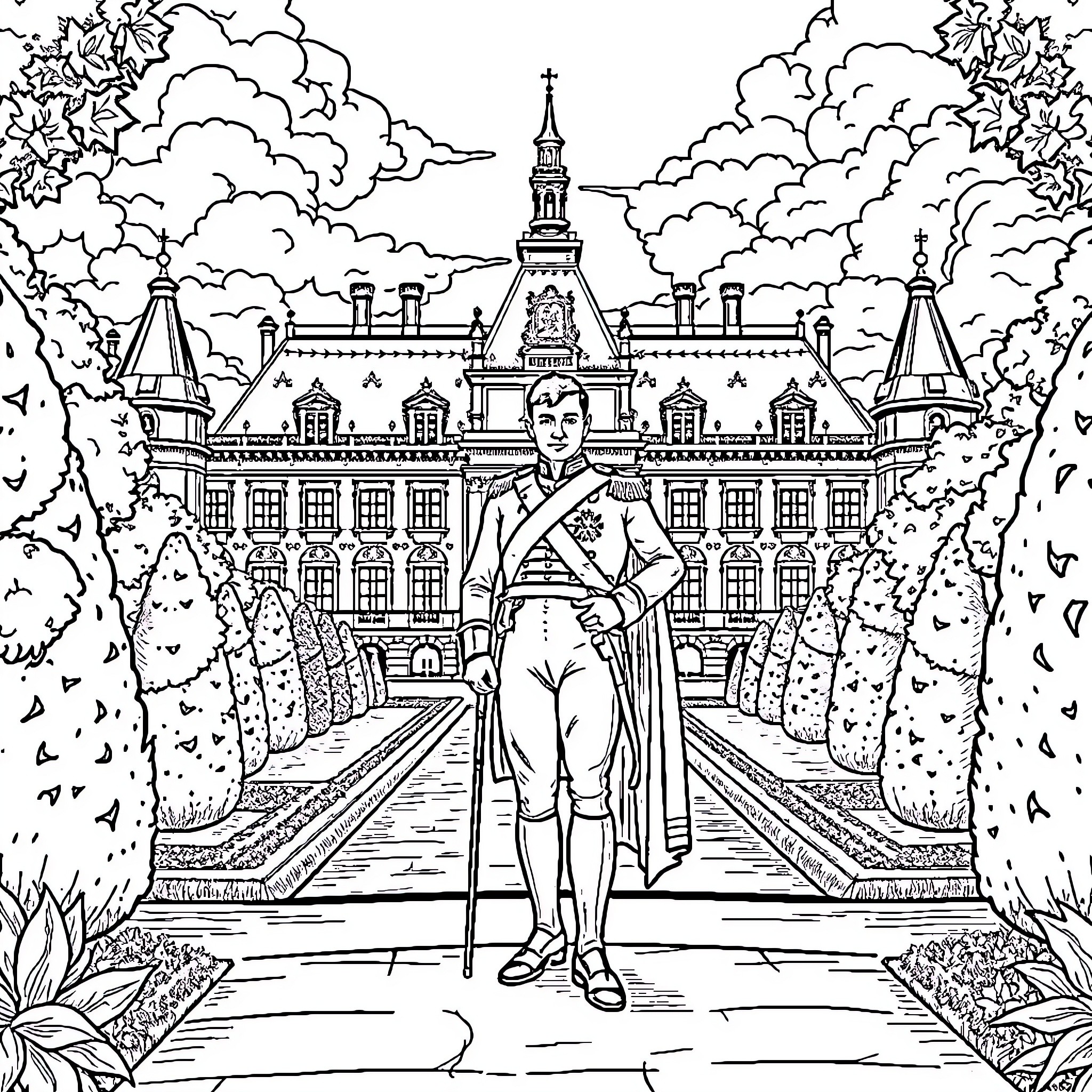 Napoleon Standing Proudly before Magnificent Palace Coloring Page (free black-and-white line drawing printable PDF for all, from beginners to advanced learners, including children, teens, adults, and seniors)