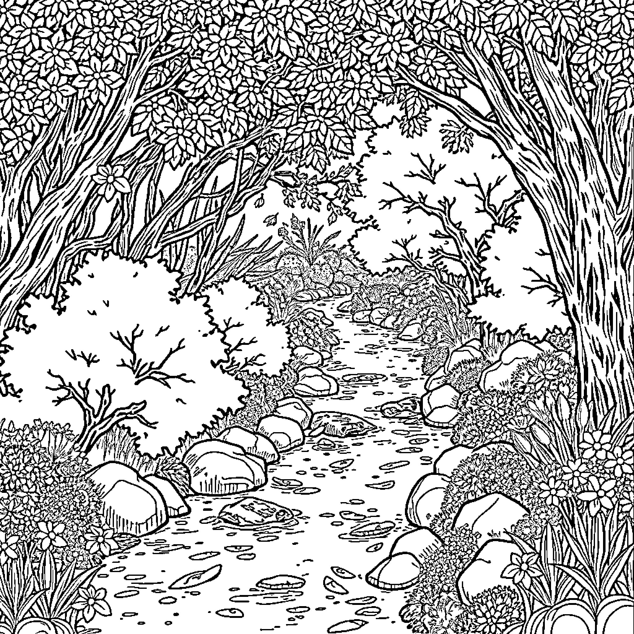 River flowing through a lush, natural landscape Coloring Page (free black-and-white line drawing printable PDF for all, from beginners to advanced learners, including children, teens, adults, and seniors)