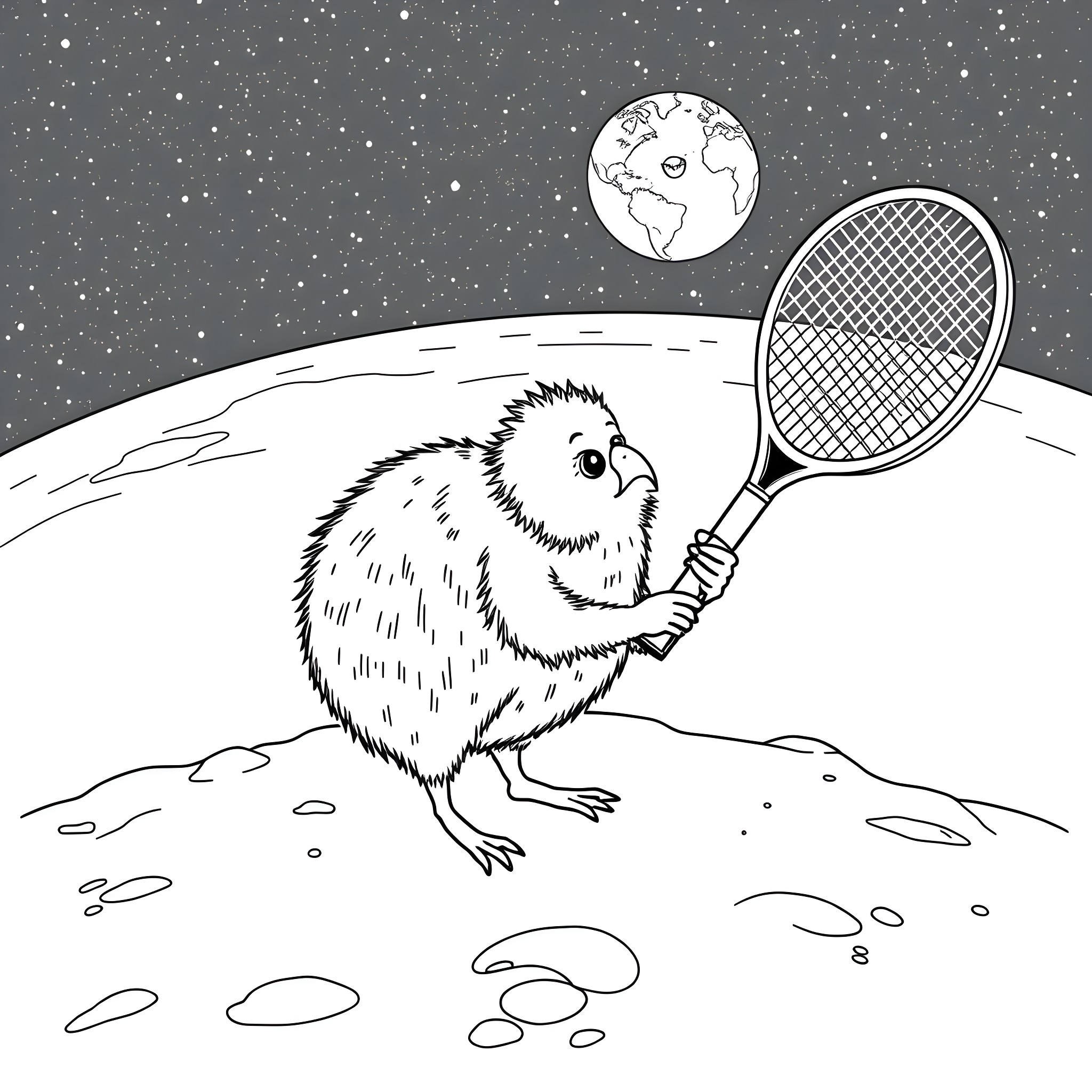 Kiwi playing tennis on the moon Coloring Page (free black-and-white line drawing printable PDF for all, from beginners to advanced learners, including children, teens, adults, and seniors)