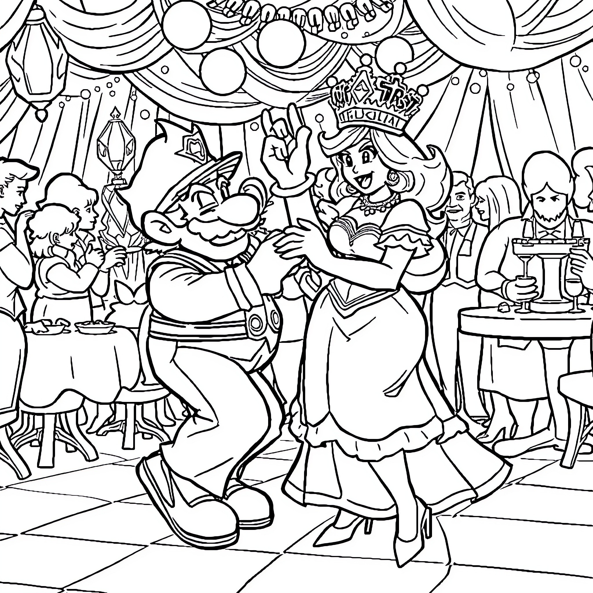 Wario's Fancy Formal Dance at the Carnival Coloring Page (free black-and-white line drawing printable PDF for all, from beginners to advanced learners, including children, teens, adults, and seniors)