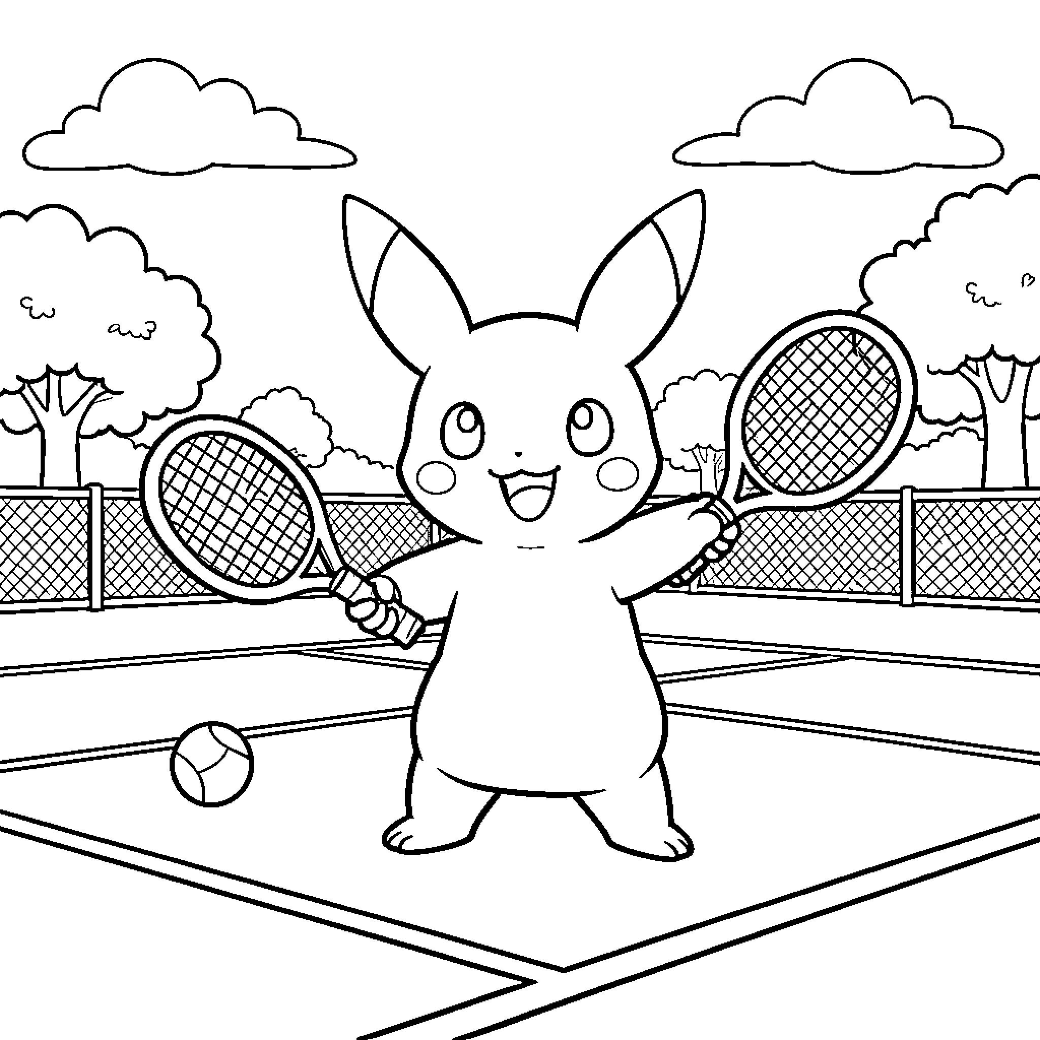 Pokémon playing tennis on a court Coloring Page (free black-and-white line drawing printable PDF for all, from beginners to advanced learners, including children, teens, adults, and seniors)