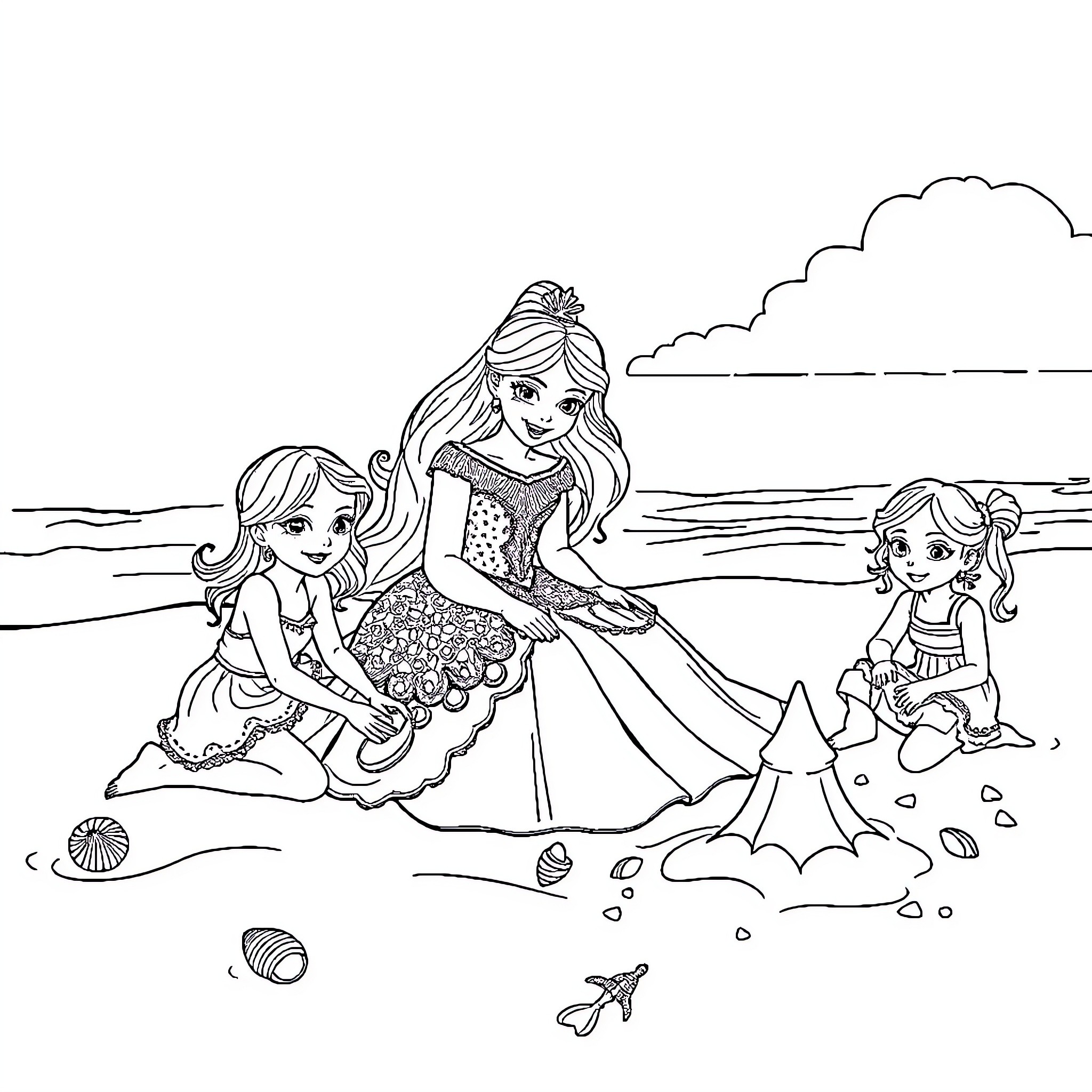 Princess and her friends play on the beach Coloring Page (free black-and-white line drawing printable PDF for all, from beginners to advanced learners, including children, teens, adults, and seniors)