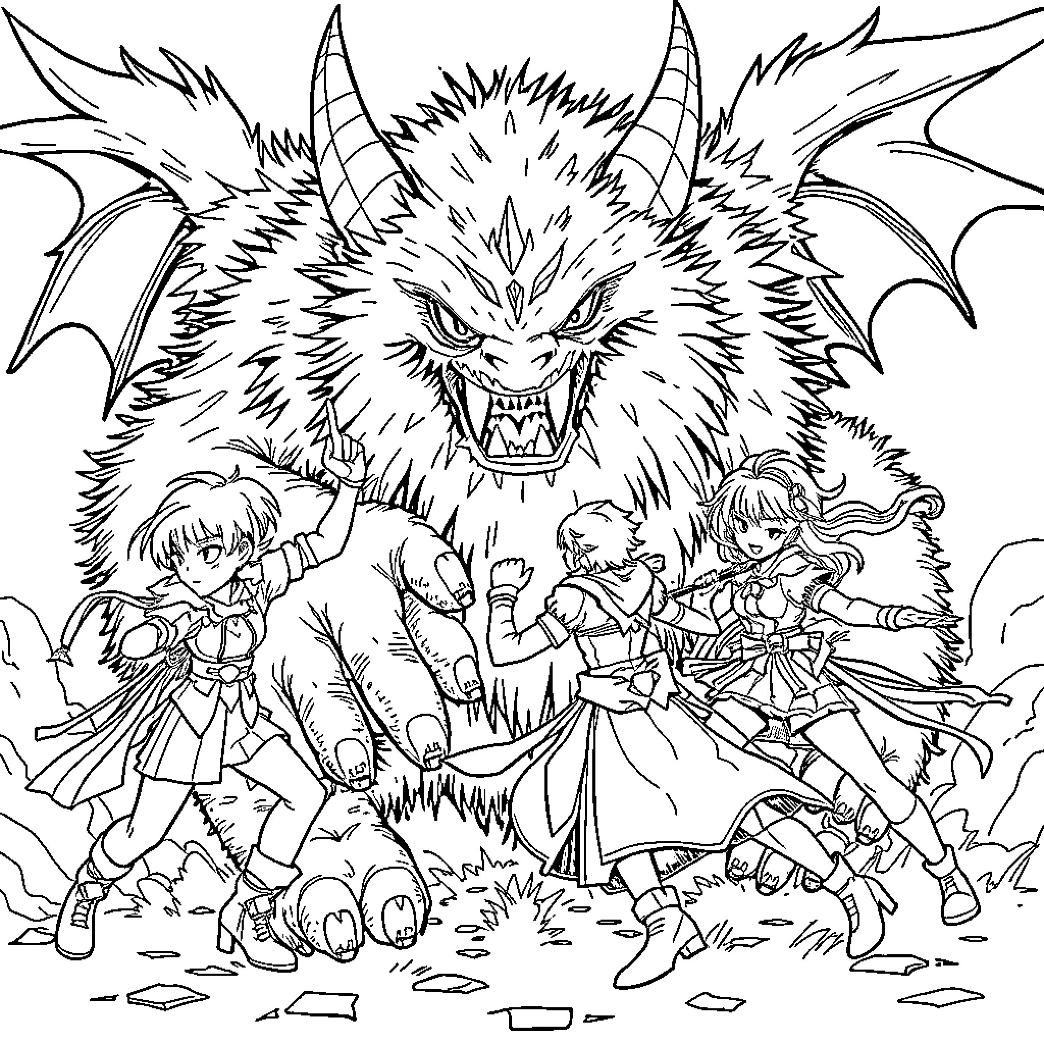 Demon Hunter Trio Facing Fearsome Mythical Creature Coloring Page (free black-and-white line drawing printable PDF for all, from beginners to advanced learners, including children, teens, adults, and seniors)