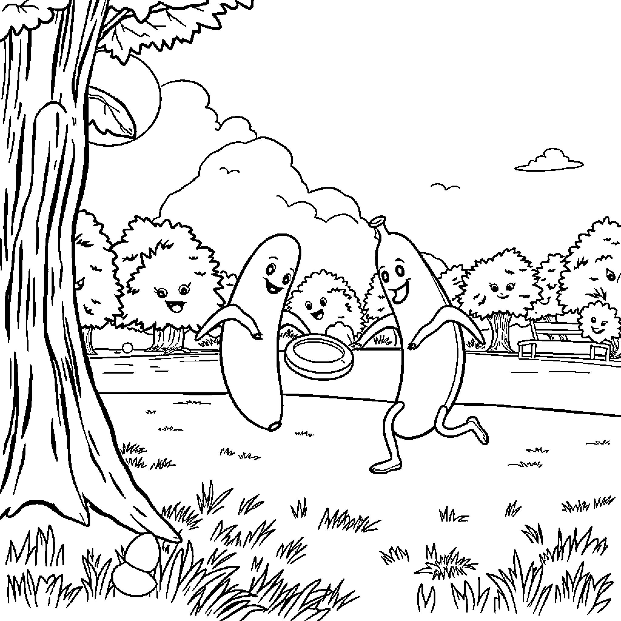 Banana characters playing outdoors in nature Coloring Page (free black-and-white line drawing printable PDF for all, from beginners to advanced learners, including children, teens, adults, and seniors)