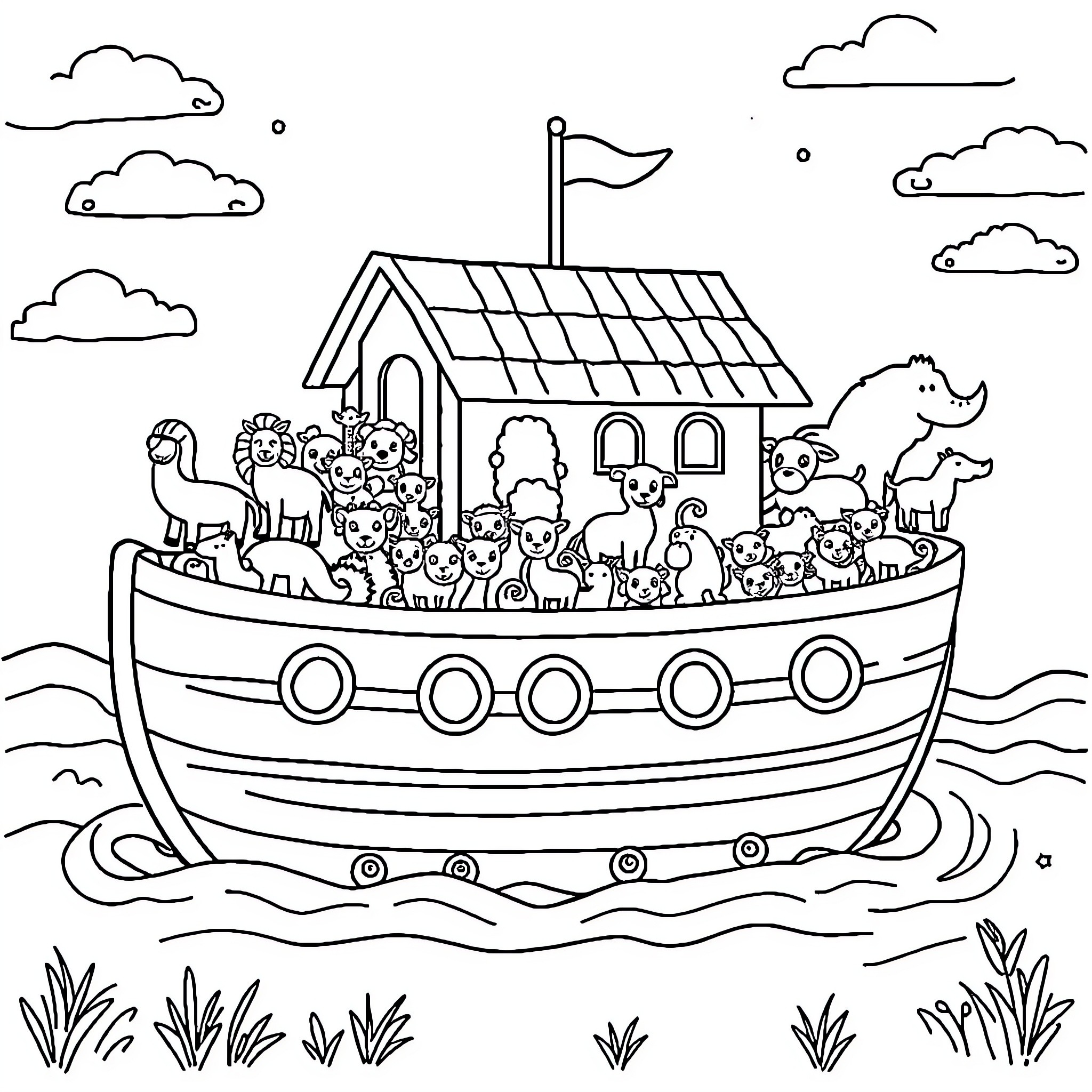 Noah's Ark Filled with Diverse Animals Sailing on the Waves Coloring Page (free black-and-white line drawing printable PDF for all, from beginners to advanced learners, including children, teens, adults, and seniors)