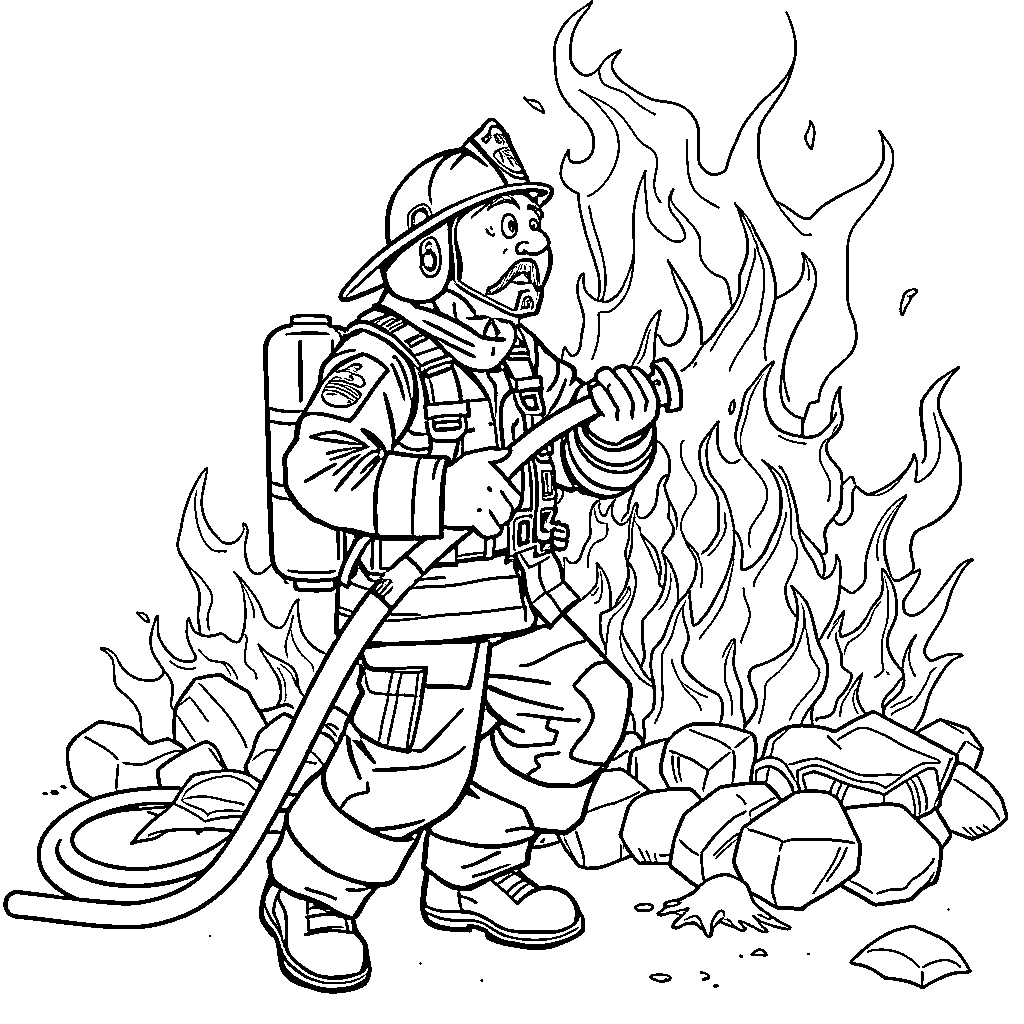 Firefighter battling fierce flames with courage Coloring Page (free black-and-white line drawing printable PDF for all, from beginners to advanced learners, including children, teens, adults, and seniors)
