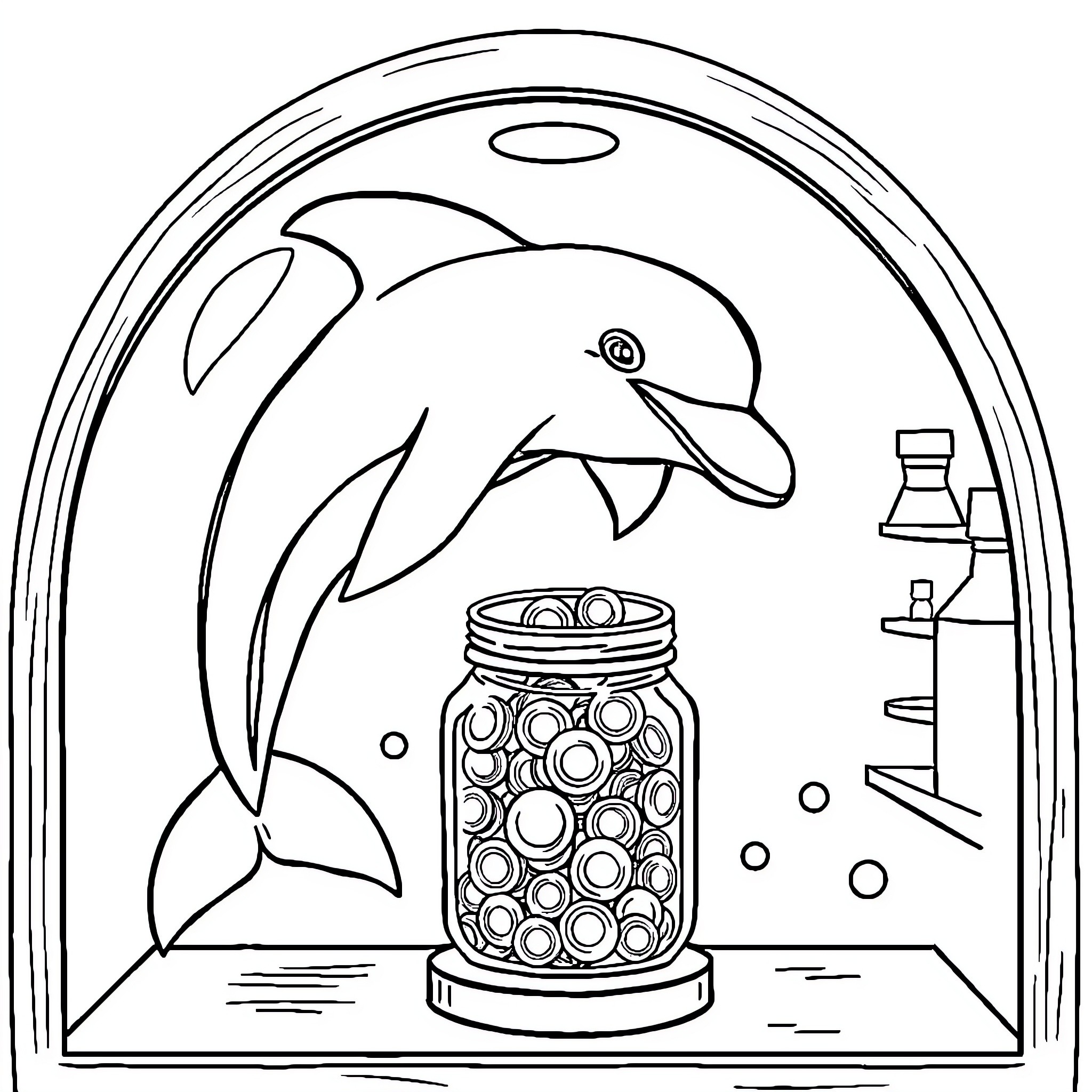 Dolphin leaping near a jar of shiny objects Coloring Page (free black-and-white line drawing printable PDF for all, from beginners to advanced learners, including children, teens, adults, and seniors)