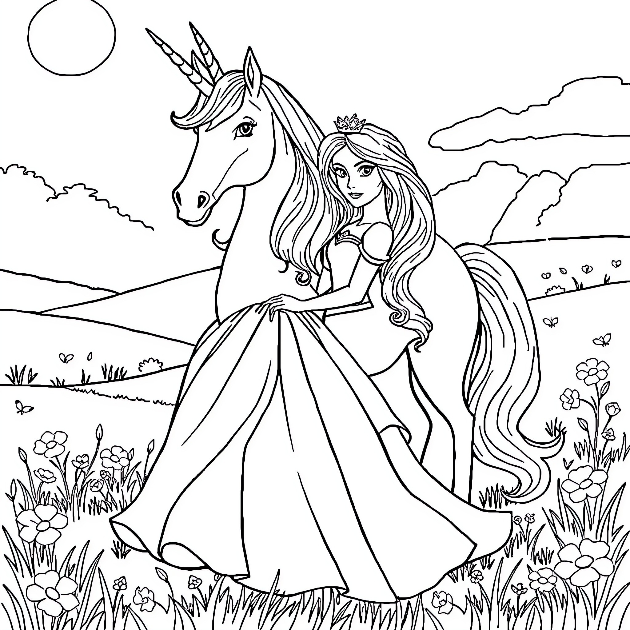 Princess riding a unicorn in a magical landscape Coloring Page (free black-and-white line drawing printable PDF for all, from beginners to advanced learners, including children, teens, adults, and seniors)