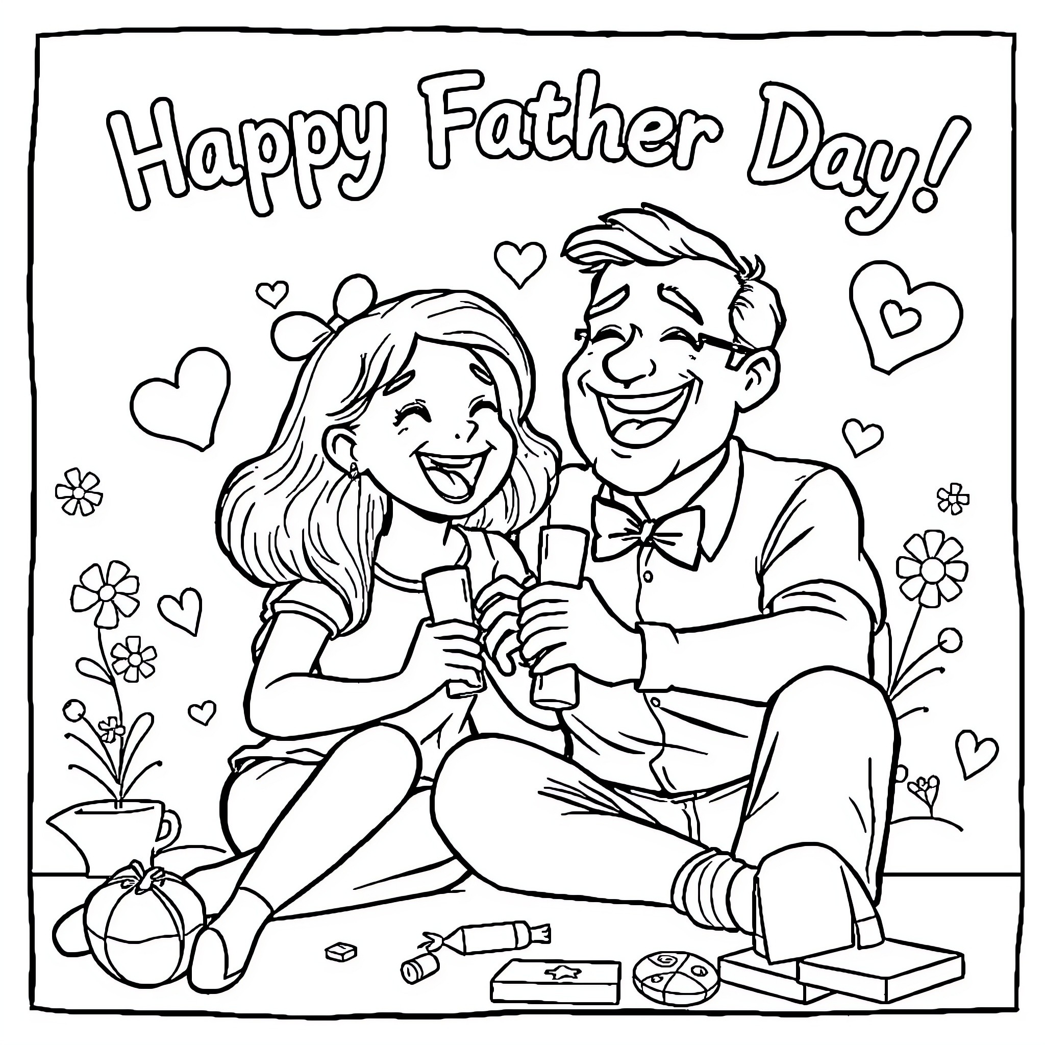 Bluey celebrates Happy Father Day with dad Coloring Page (free black-and-white line drawing printable PDF for all, from beginners to advanced learners, including children, teens, adults, and seniors)