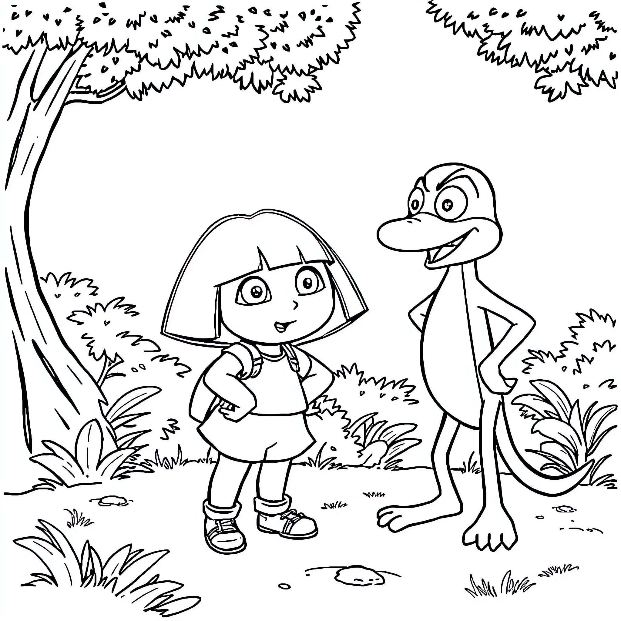 Dora exploring the nature with her friend Coloring Page (free black-and-white line drawing printable PDF for all, from beginners to advanced learners, including children, teens, adults, and seniors)