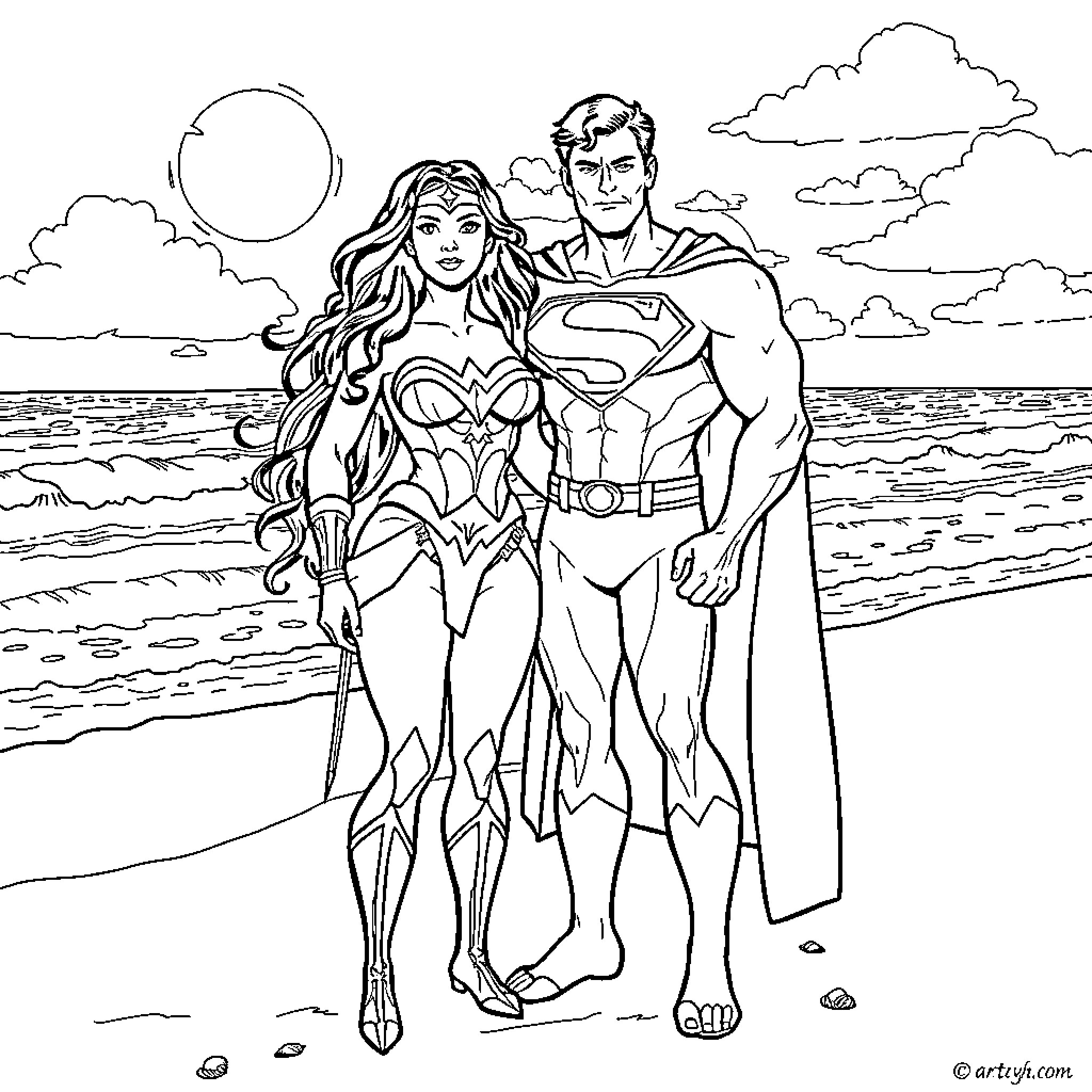 Wonder Woman and Superman standing together on the beach Coloring Page (free black-and-white line drawing printable PDF for all, from beginners to advanced learners, including children, teens, adults, and seniors)
