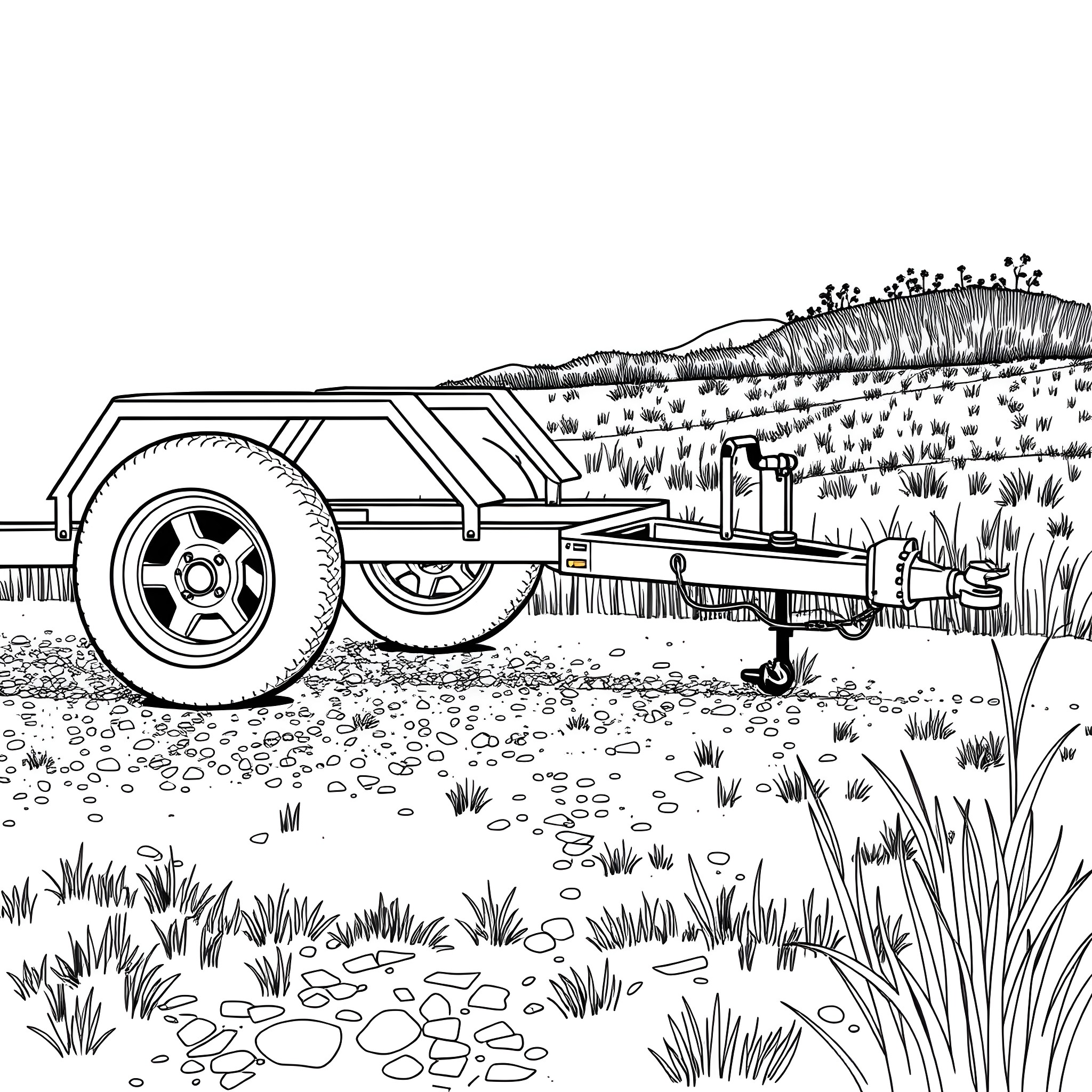 Car Trailer Carrying Heavy Equipment on Rugged Terrain Coloring Page (free black-and-white line drawing printable PDF for all, from beginners to advanced learners, including children, teens, adults, and seniors)