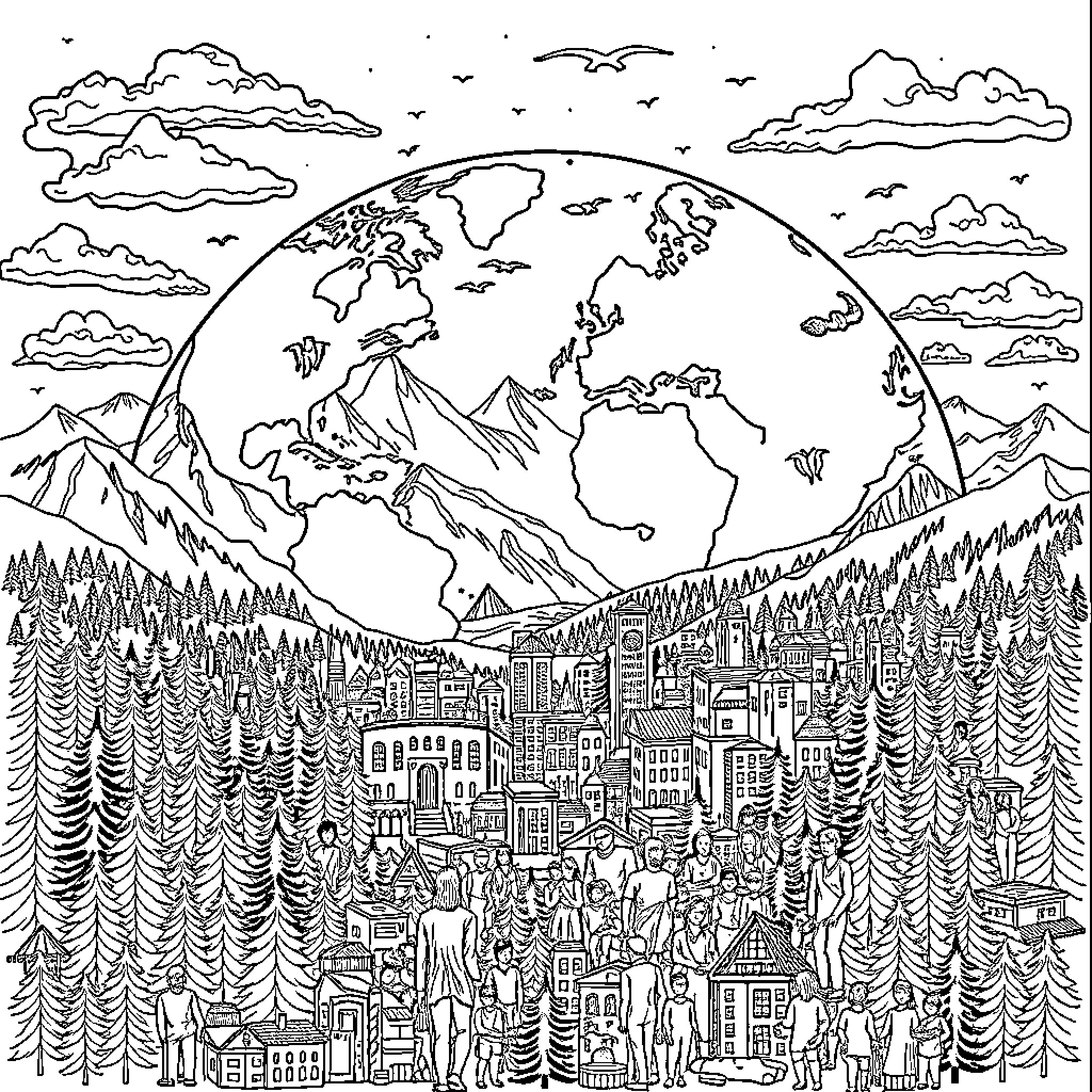 World Landscape of Cities, Mountains, and People Coloring Page (free black-and-white line drawing printable PDF for all, from beginners to advanced learners, including children, teens, adults, and seniors)