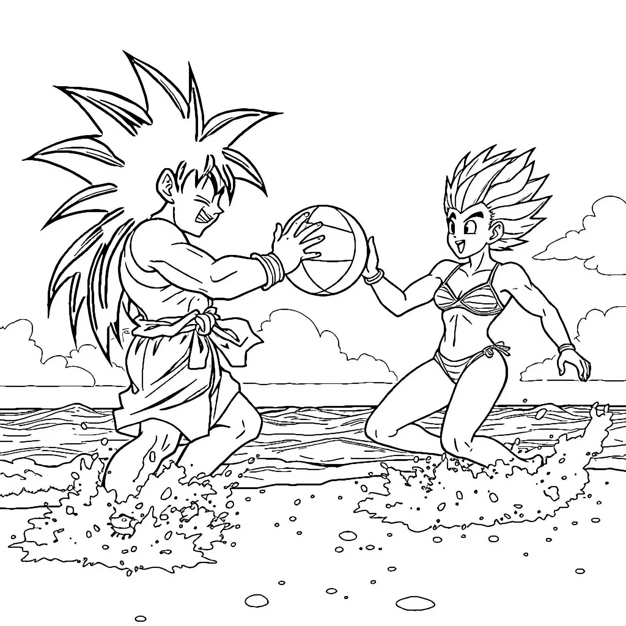 Dragonball Z characters fighting on the beach Coloring Page (free black-and-white line drawing printable PDF for all, from beginners to advanced learners, including children, teens, adults, and seniors)