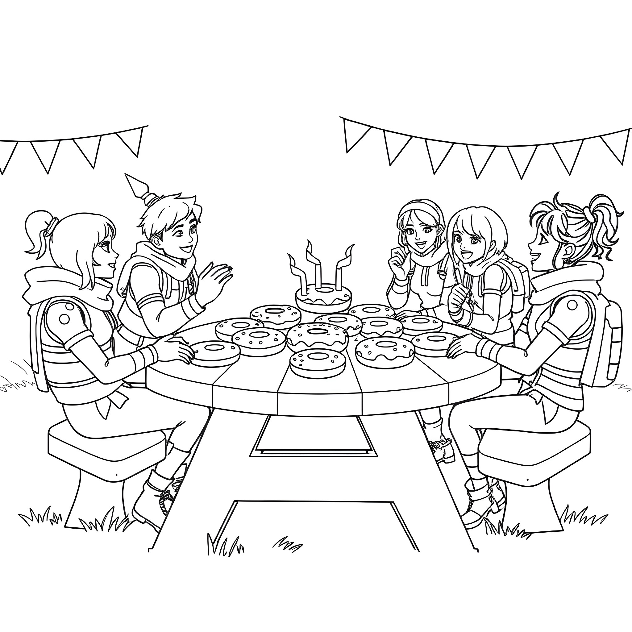 Fortnight Character Party Celebration with Cupcakes Coloring Page (free black-and-white line drawing printable PDF for all, from beginners to advanced learners, including children, teens, adults, and seniors)