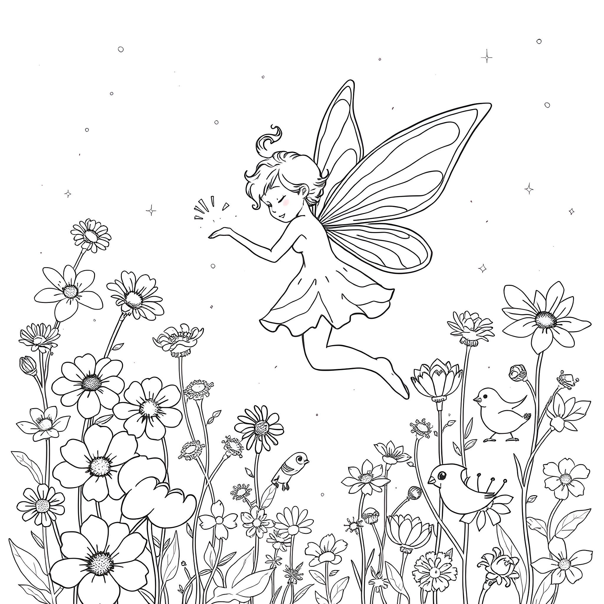 Fairy dancing joyfully amidst the blooming flowers Coloring Page (free black-and-white line drawing printable PDF for all, from beginners to advanced learners, including children, teens, adults, and seniors)