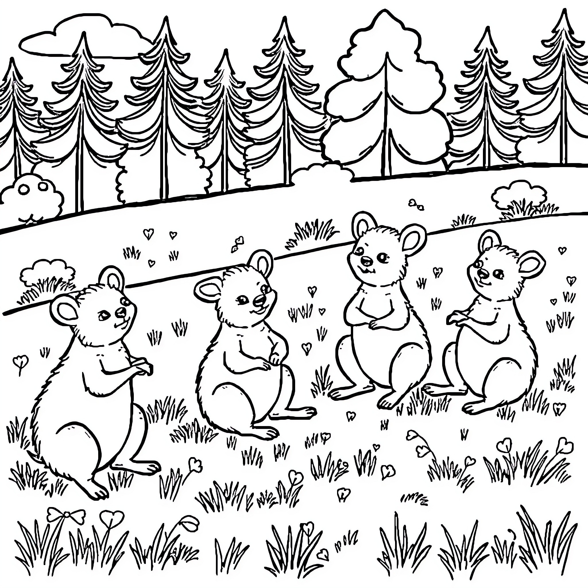 Quokka Trio Enjoying Nature's Splendor Coloring Page (free black-and-white line drawing printable PDF for all, from beginners to advanced learners, including children, teens, adults, and seniors)
